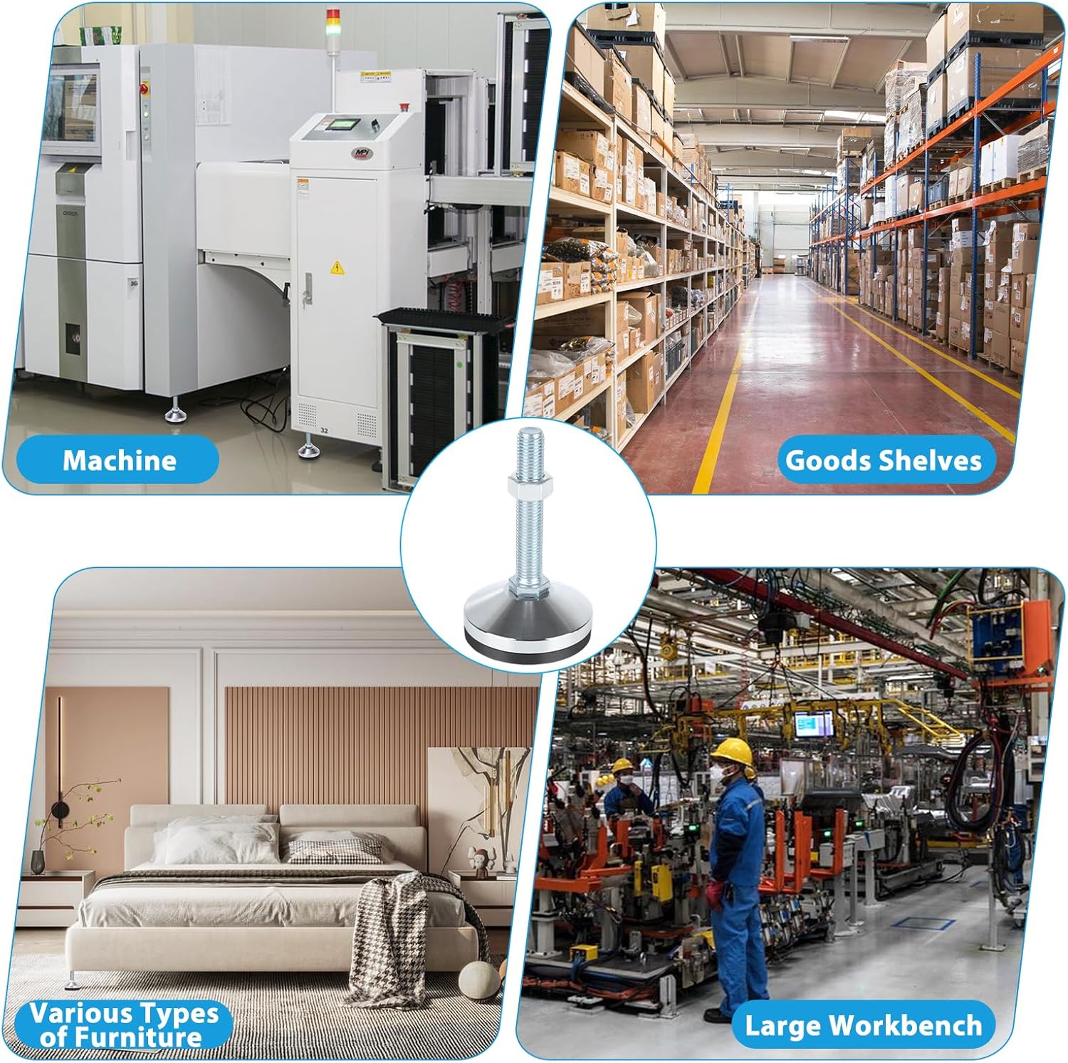 4 Pcs Heavy Duty Leveling Feet M16 Thread, Furniture Levelers 3.14" Dia Base Anti Skid Threaded Rubber Feet, Adjustable Leveling Feet for Workbench, Machine, Cabinet, D60xM16x100mm