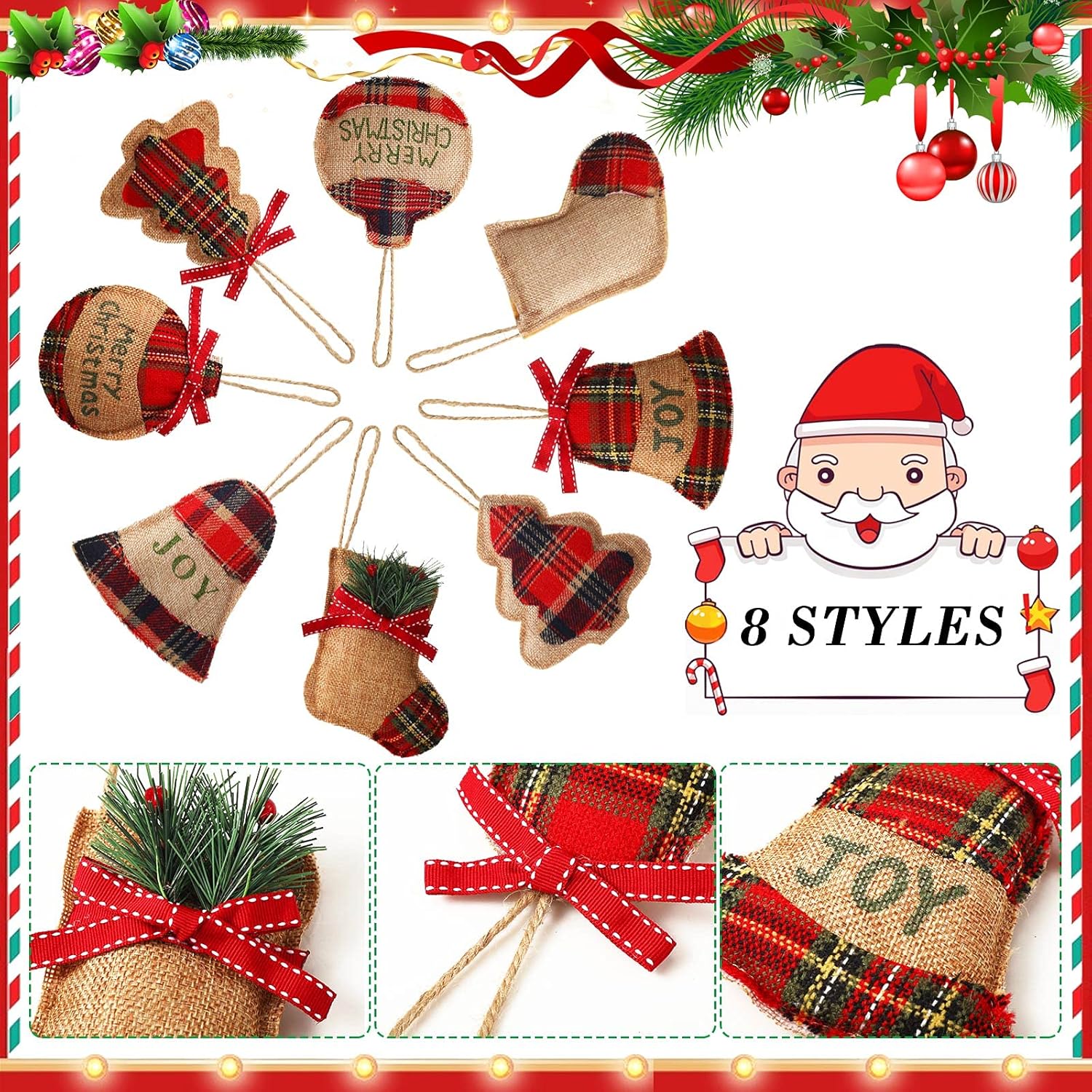 24 Pcs Burlap Christmas Ornaments Set Mini Stockings Funny Christmas Tree Ornaments Rustic Decorations Red Plaid Tartan Hanging Decoration Stocking Ball Tree, 8 Styles(Rustic)