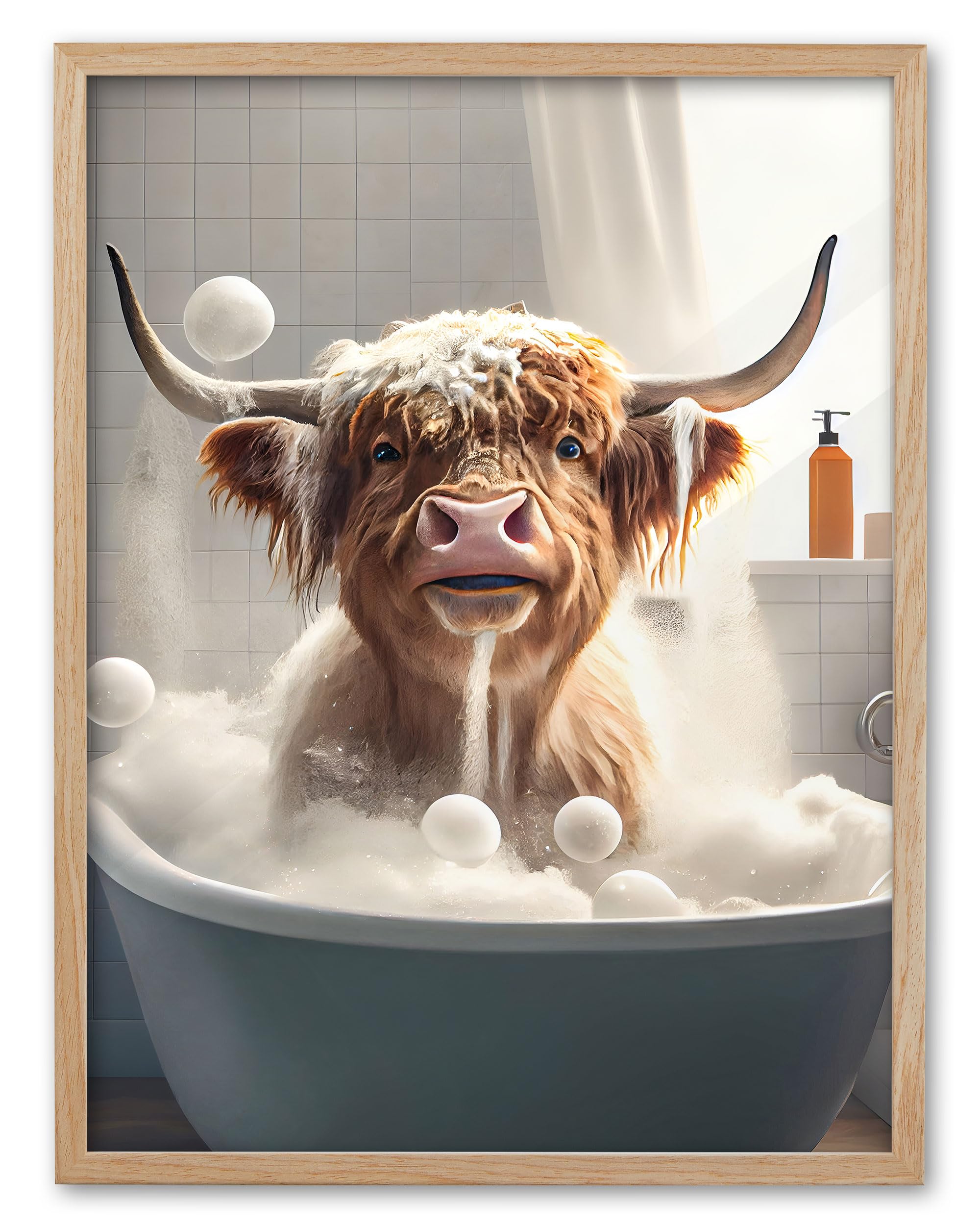 UPWOIGH Funny Bathing Highland Cow Bathroom Wall Art, 30x40cm Oak Framed Canvas Poster, Cute Animal Humor Prints, Waterproof Premium Decor for Bedroom and Kids Room, 1 Pack