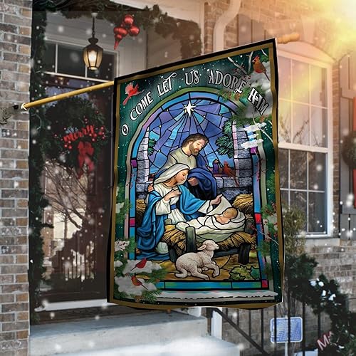 Miniatura 3 de Holy Family O Come Let Us Adore Him - Bandera de invierno para jardín, bandera de Navidad religiosa para exteriores, 28 x 40 pulgadas, doble cara,