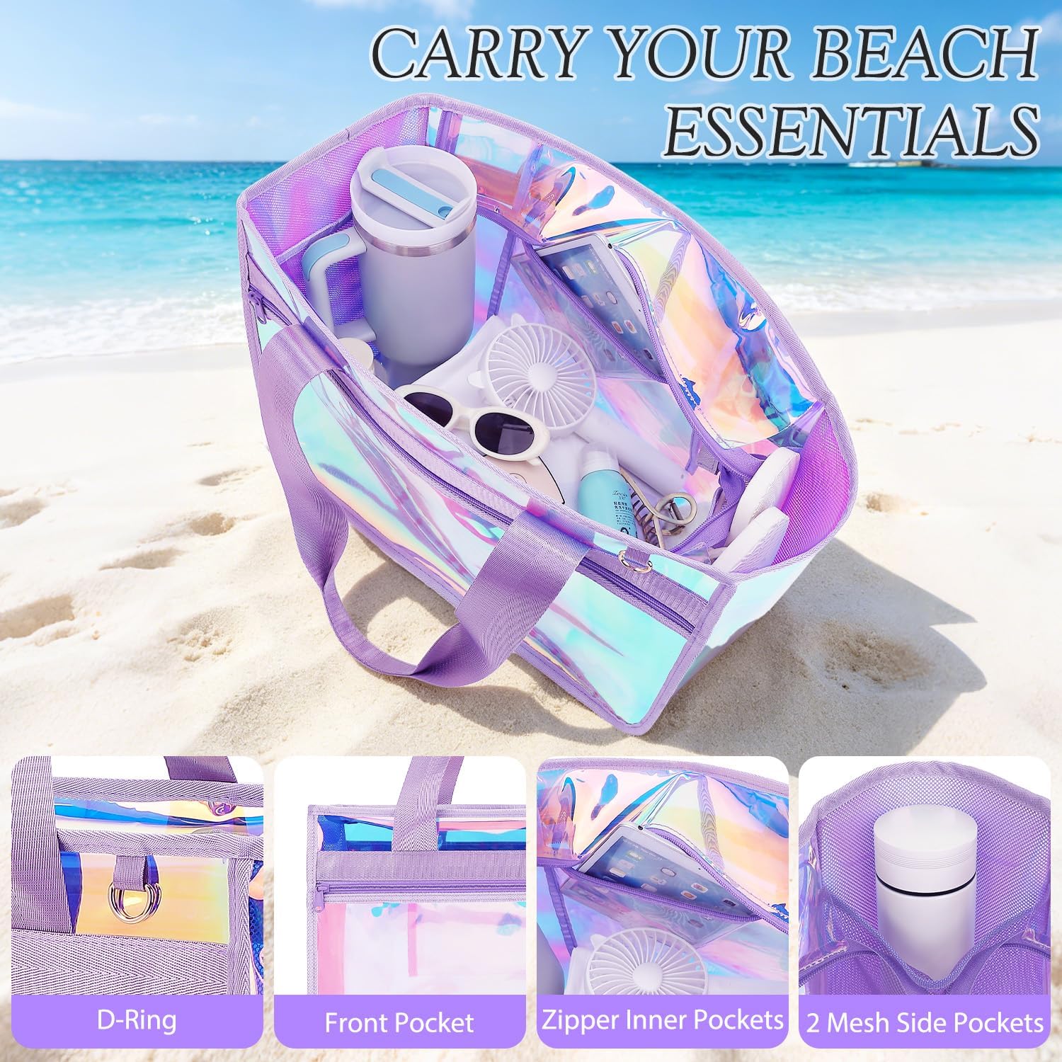 Fammart Iridescent Clear Beach Bags Waterproof Sandproof for Women, Large Jelly Tote Zipper Pool Bag Cruise Essentials 2026