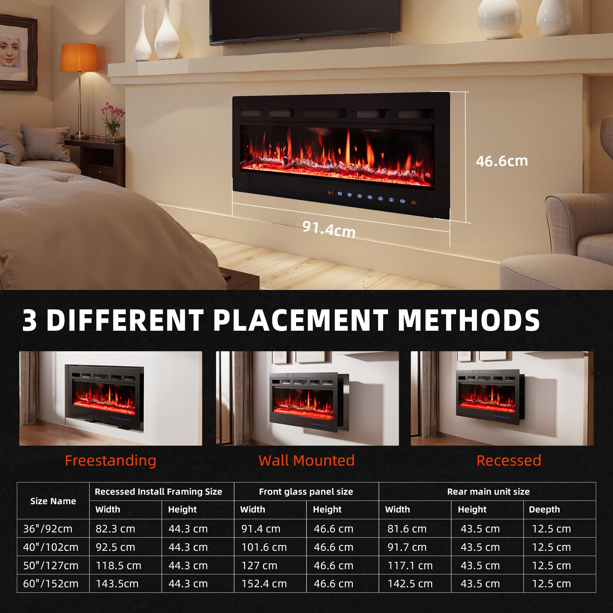Camino Elettrico 92cm 900W/1800W Fiamma 12 Colori Scintillio Termostato Preciso 15-30°C Touchscreen Telecomando