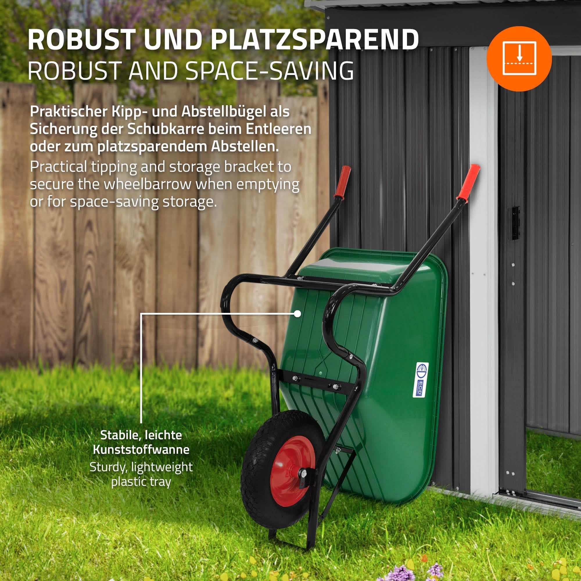 ECD Germany Carriola da Giardino con Telaio in Metallo e Vasca in Polipropilene Verde Capacità 100 L 150 kg per Trasporto con Ruota in Gomma Pneumatico Diametro 40 cm 16" Manici Lunghi