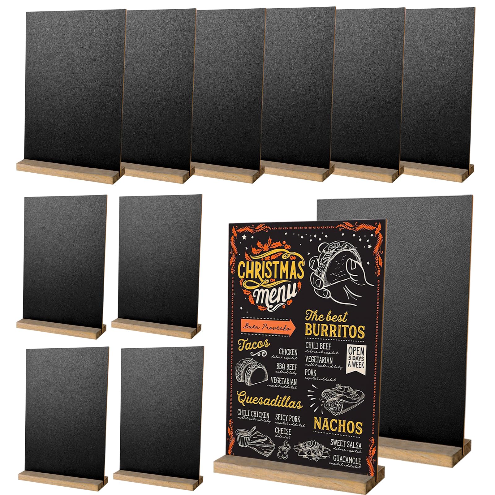 CYEER 12er Set Tischtafel Aufsteller (15x22cm), Doppelseitige Kreidetafel mit Holzfuß im A5-Format, Kleine Menütafel für Gastronomie, Hochzeit, Buffet & Preisschilder, Vintage Tafelset