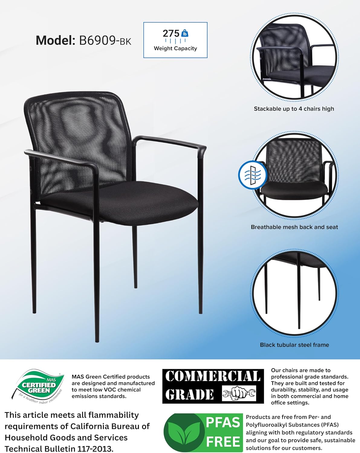 Boss Office Products Stackable Mesh Guest Chair in Black, 250 (B6909-BK)