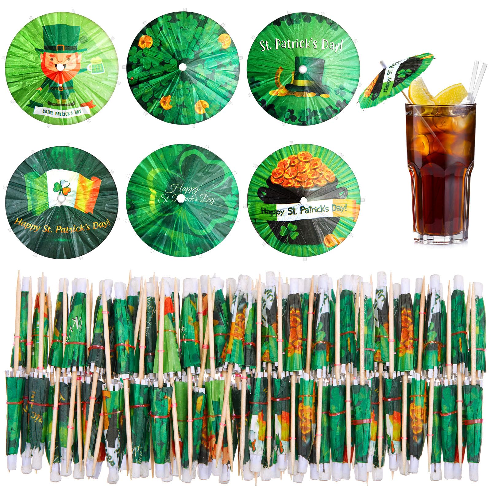 Paraguas para bebidas de San Patricio: 300 palillos de trébol para cócteles y fiestas