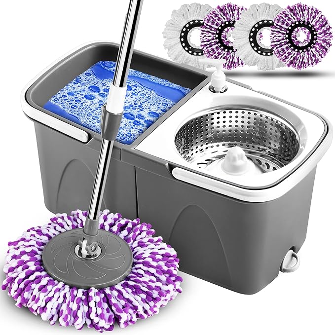 ZENQA Spin Mop and Bucket Set 2 Compartments with 4 Microfibre Mop