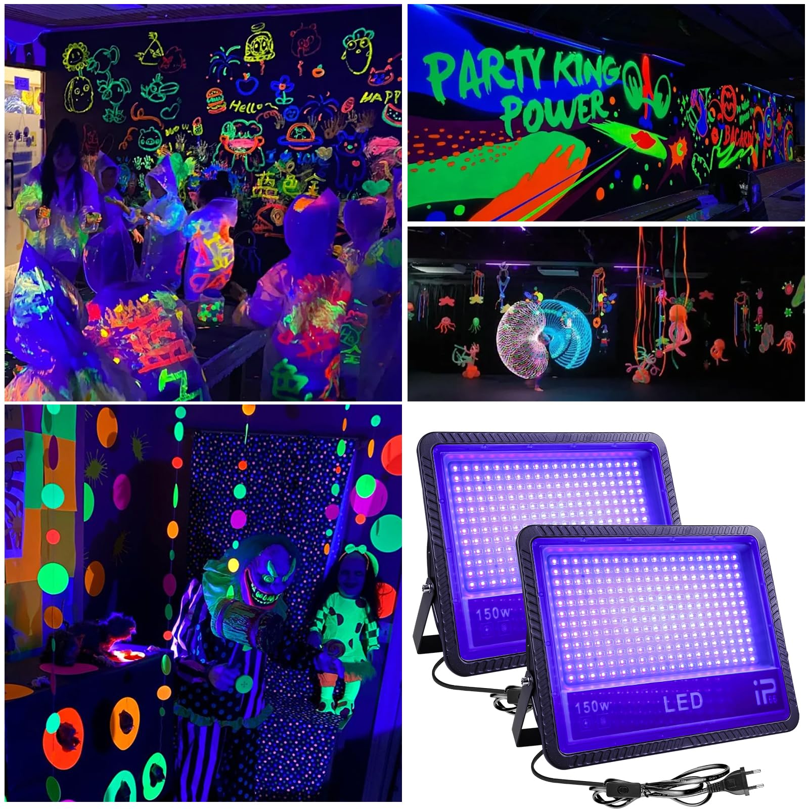 Luce UV nera: 2 luci LED da 150 W, IP66, impermeabili, 385 – 400 NM, luce nera, per feste, eventi all'aperto, feste di colore nero, feste (230 x 170 x 28 mm)