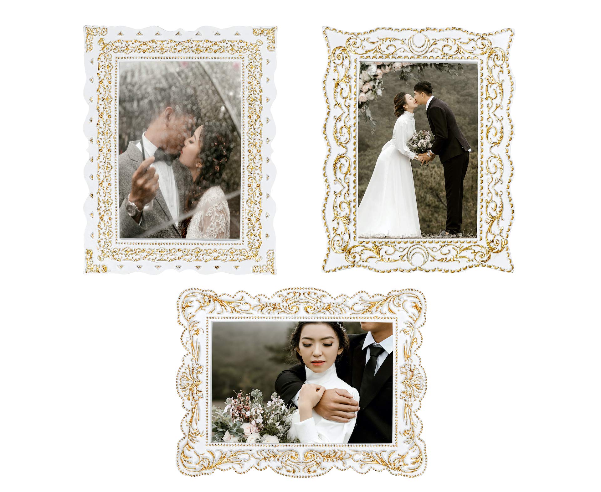 Marcos de fotos adornados en blanco y oro ~ Marcos vintage barrocos ~ Conjunto de 3 - Marcos de fotos 4x6 ~ Conjunto de marco de graduación de boda perfecto