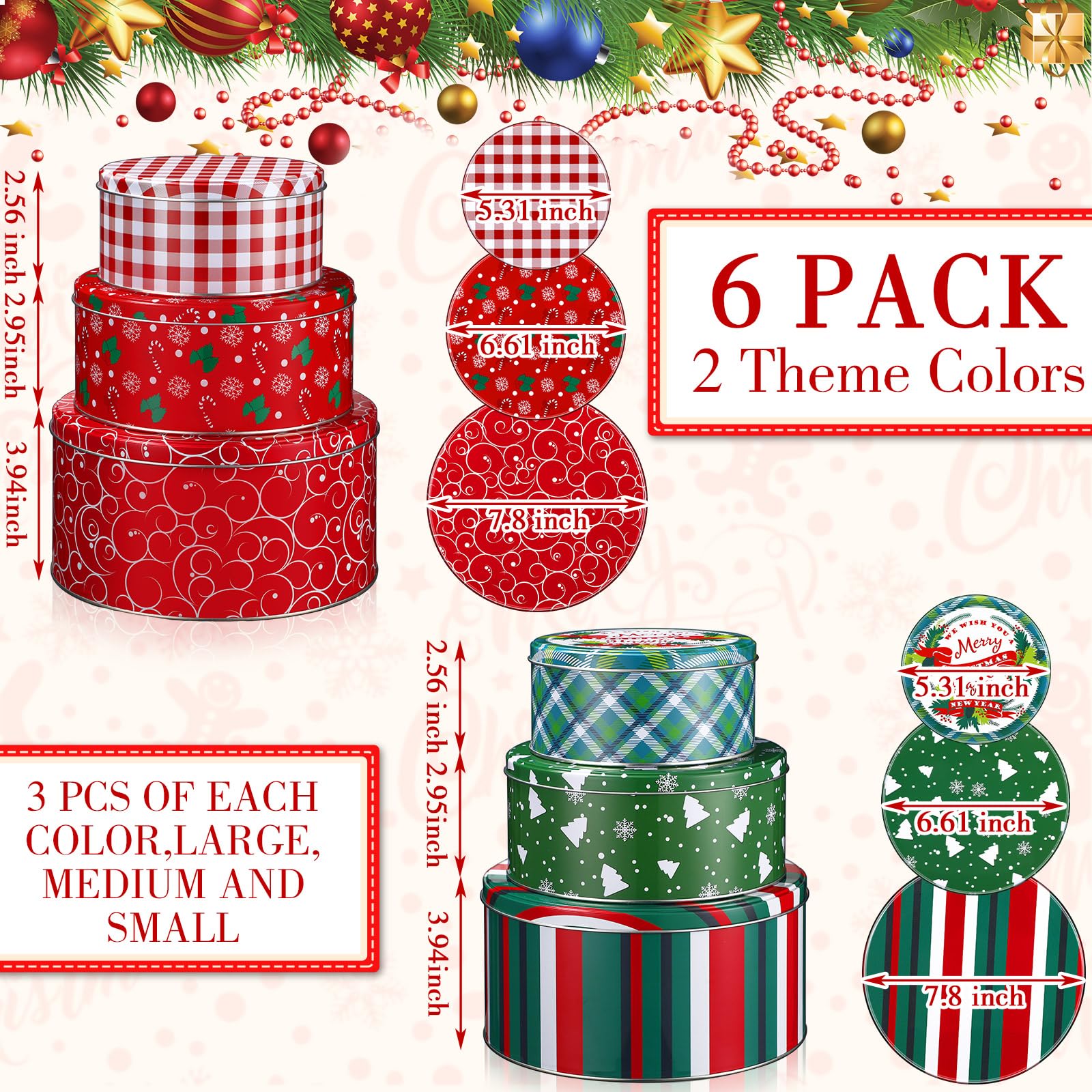 Nitial 6 Pcs Christmas Cookie Tins with Lids Nesting Metal Cookie Tins for Gift Giving Round Christmas Cookie Jar Holiday Tin Container Empty Christmas Baked Goods Boxes for Storage (Classic Style)