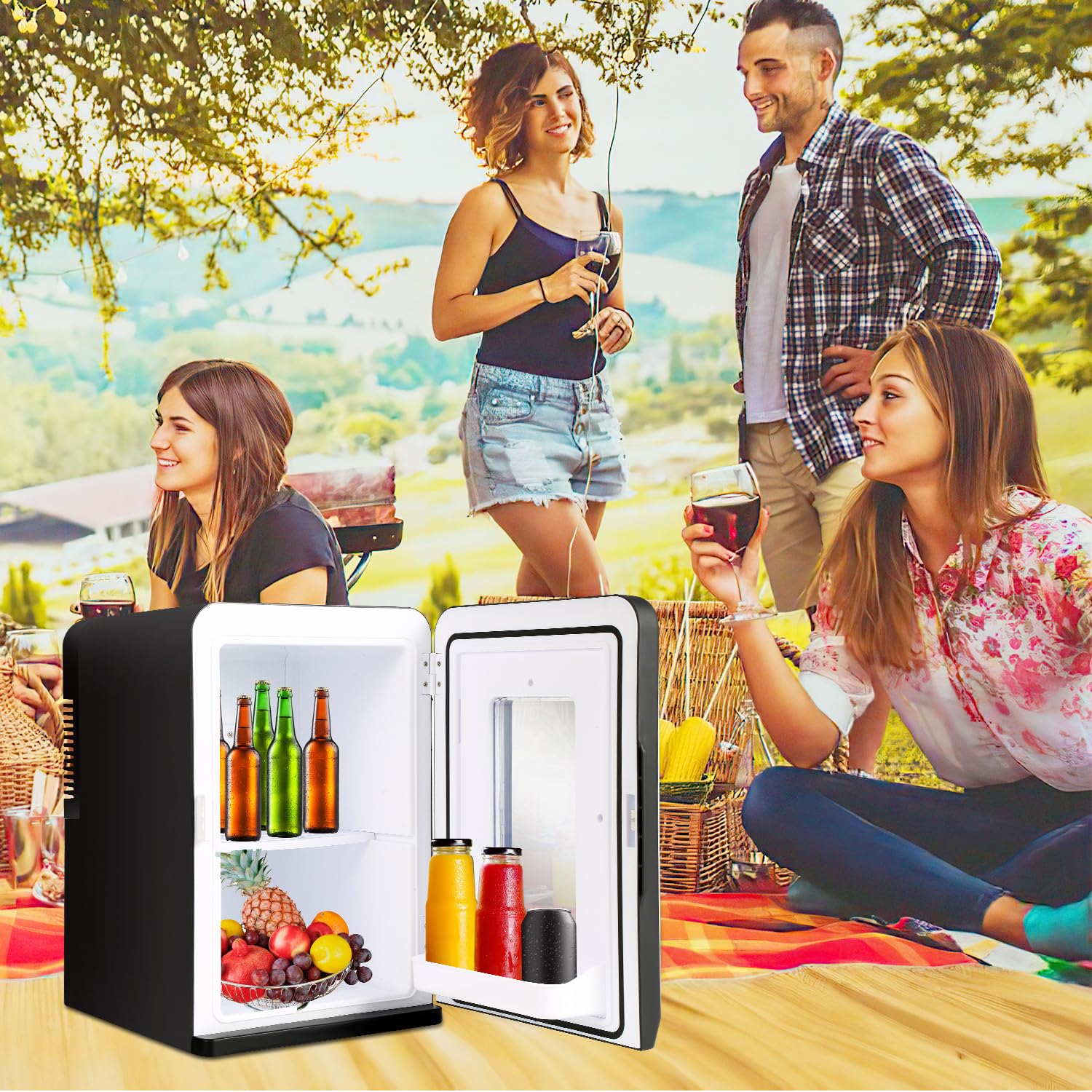 Herrselsam Mininevera 2 en 1, 15 litros, nevera portátil de 220 V AC/12 V CC, minibar pequeño con función de refrigeración y calefacción, nevera pequeña para bebidas, oficina, camping, negro