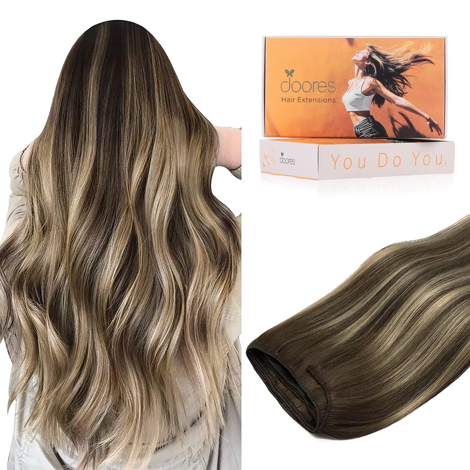 DOORES Weft Hair Extensions Human Hair, 20 Inch 100g Chocolate Brown to Honey Blonde, Sew In Real Hair Bundles, Double Weft Silky Straight