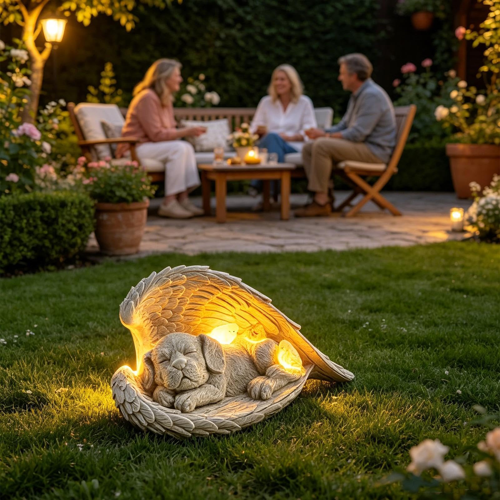 Generico Statua Cane Angelo Con Luce Solare Per Decorazione Commemorativa