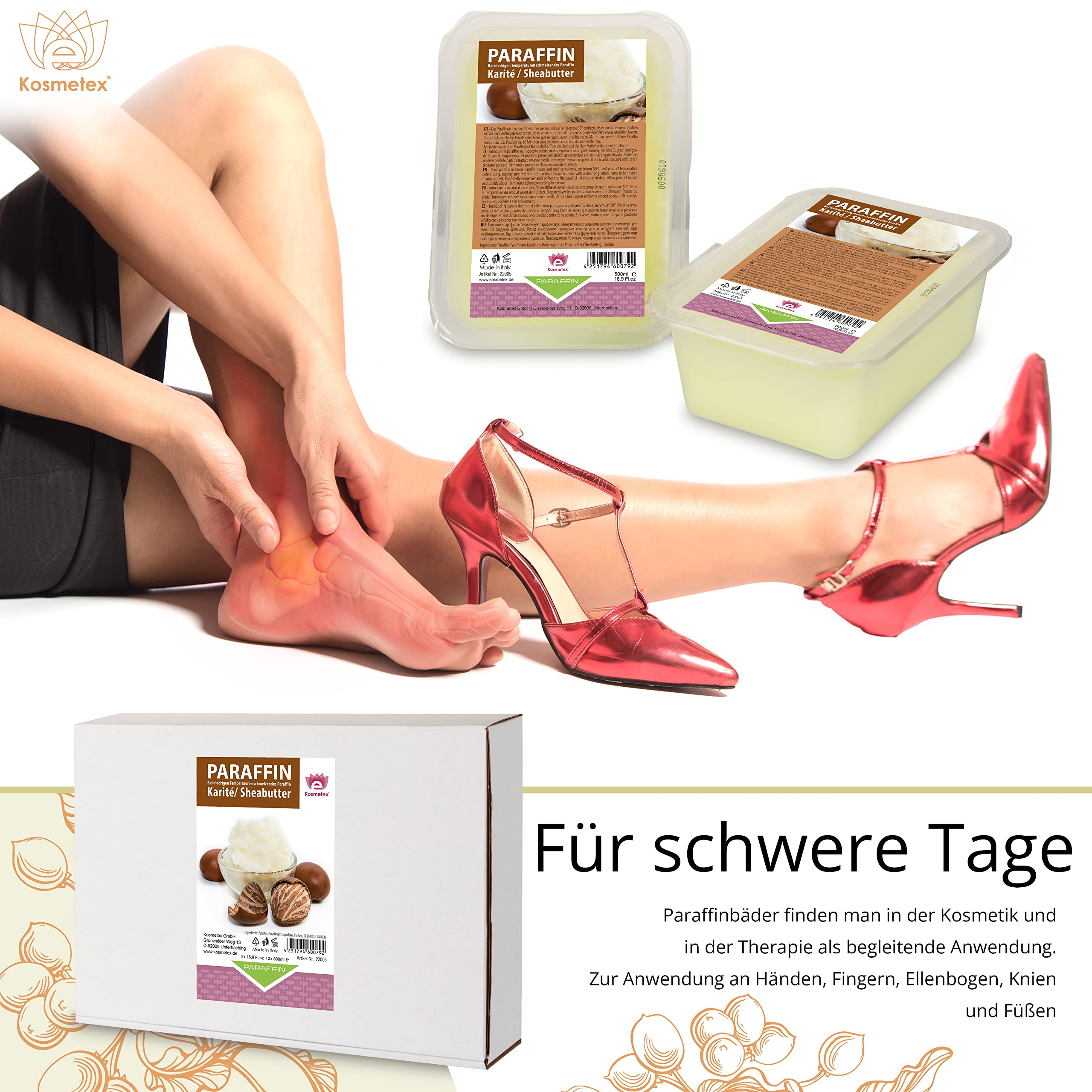 Kosmetex Wellness-Paraffinbad Karite Sheabutter – Paraffin-Entspannungsbad für Hände und Füße – Paraffinwachs – Paraffin-Block für Wachserwärmer (2x 500ml)