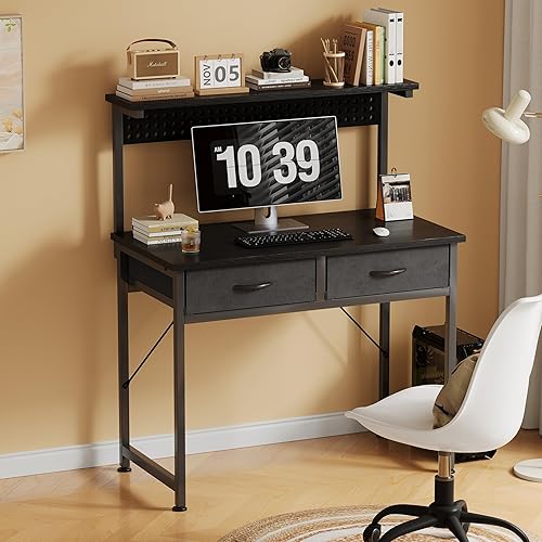 Miniatura 2 de MUTUN Escritorio pequeño con cajones, escritorio de computadora de 31 pulgadas con toma de corriente y luz LED, escritorio para juegos con soporte