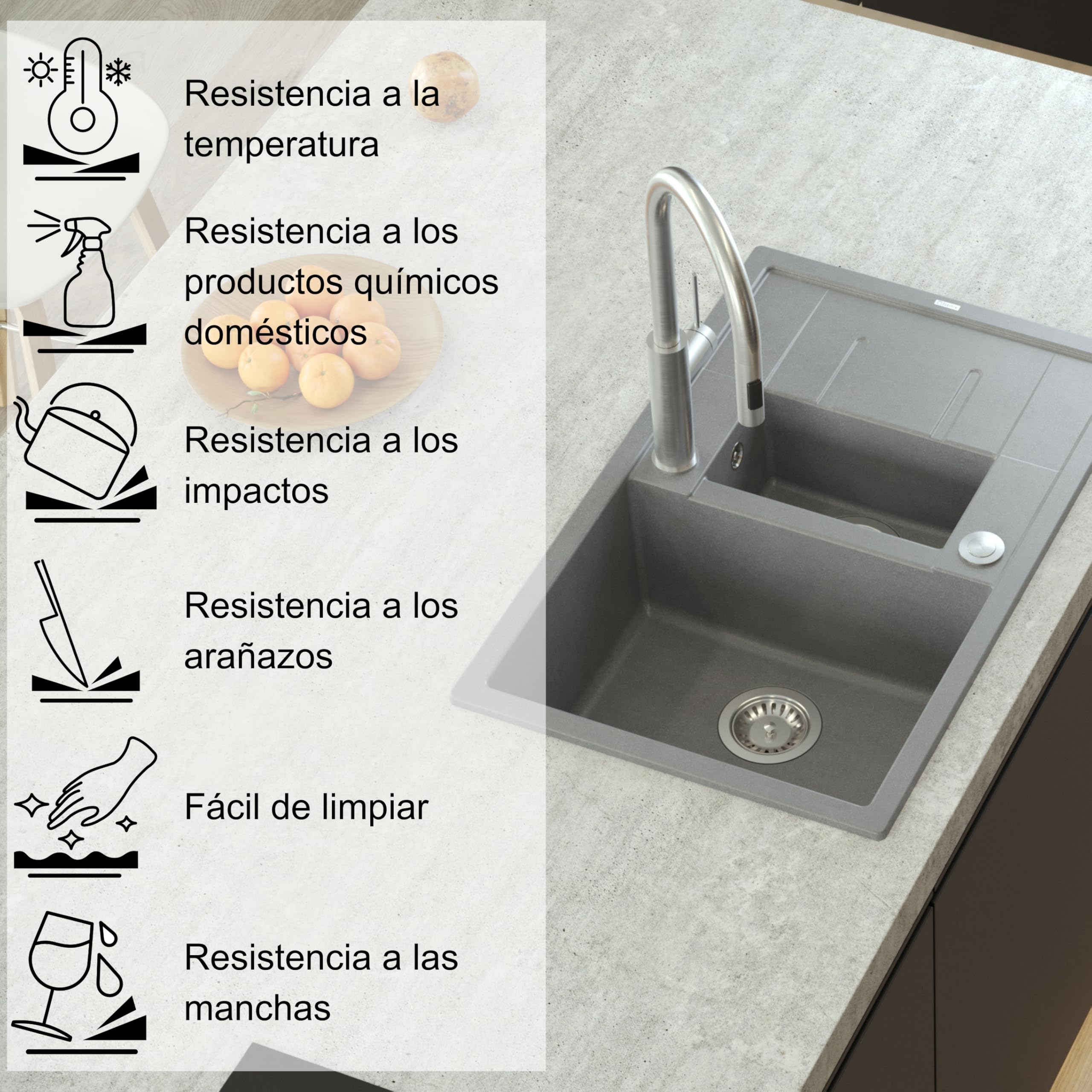 QUADRON fregadero de granito | tamaño 78 x 50 x 22 cm, color: Pure Carbon + Golden | MORGAN 156 fregadero de cocina de dos cubetas con escurridor | con orificio para grifo