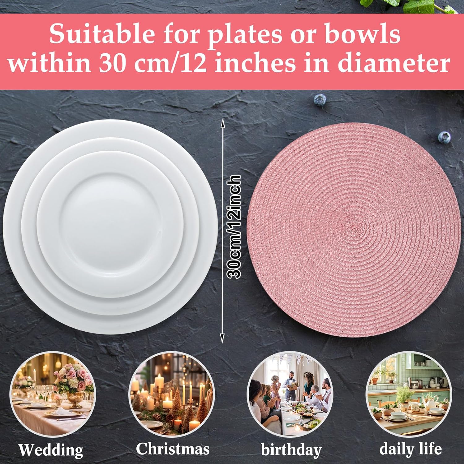 Buryeah 24 Pieces 13 Inch Christmas Round Placemats Circle Woven Place Mats Boho Decor Dining Table Mats Table Scape Hosting Friends for Wedding Birthday Dinner Parties (Pink)
