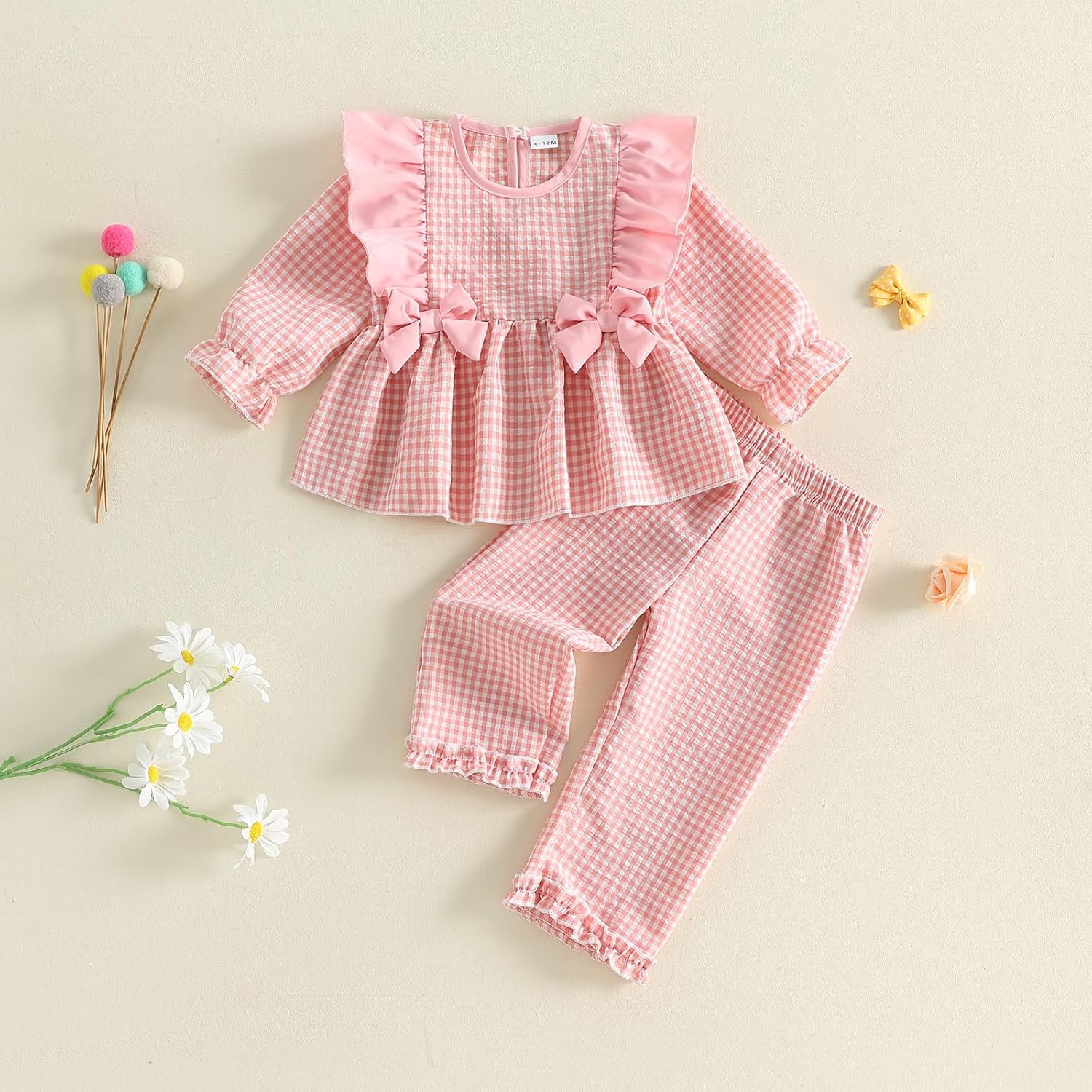 Toddler Baby Girl Fall Outfits Plaid Ruffle Long Sleeve Smocked Shirt Dress Top and Pants 2 Piece Fall Clothes Set