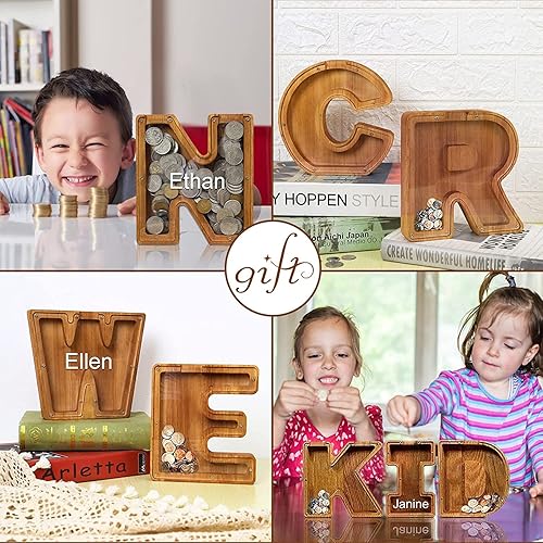 Miniatura 6 de Alcancía de madera personalizada, alcancía de madera con 26 letras del alfabeto inglés, tanque de almacenamiento para niños, banco de monedas para