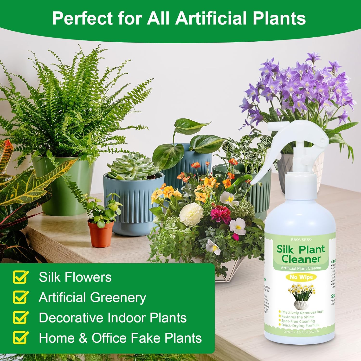 Silk Plant Cleaner Spray No Wipe, Artificial Plant Cleaner for Fake Plants & Flowers, Quick-Dry Dust Remover, Restores Shine, Spot-Free Cleaning Spray for Silk Flowers & Faux Greenery