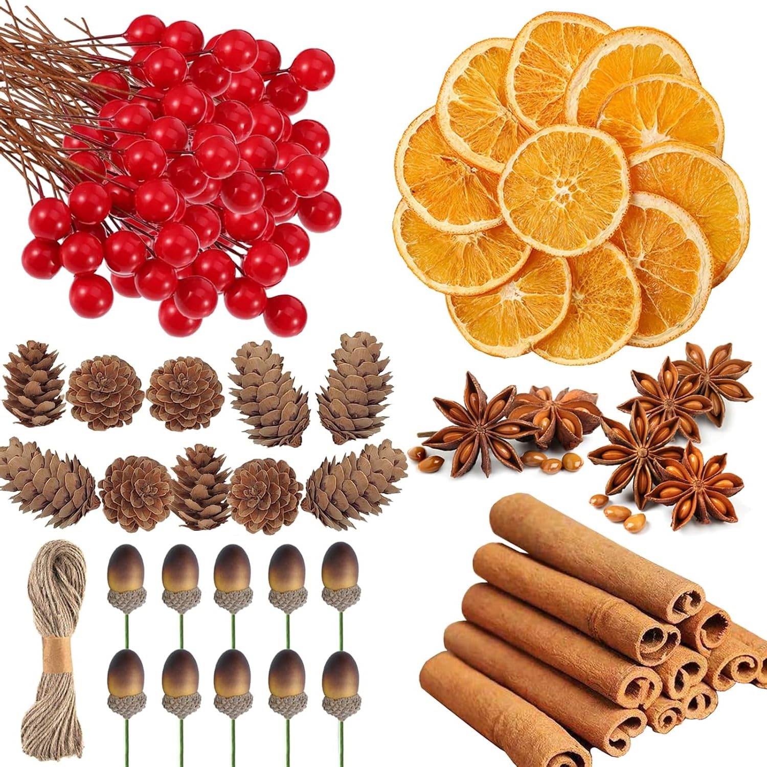 LATERN 225 Pièces Décorations pour Couronne de Noël, 20 Tranches D'orange Séchées, 20 Cannelle Bâtons, 10 Pin Pommes, 10 Anis Étoilé, 10 Glands, 155 Fruits Rouges - pour Noël Artisanat Fête Décoration