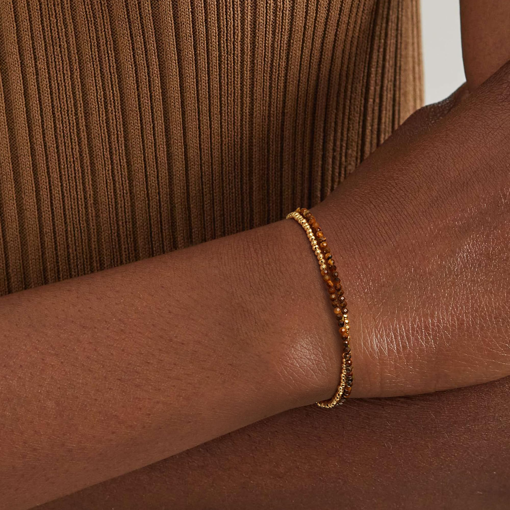 MYEARS Women Beaded Bracelet Gold Double Layer Gemstone 14K Simple Dainty Handmade Chain Everyday Boho Beach Jewelry: Tiger's Eye