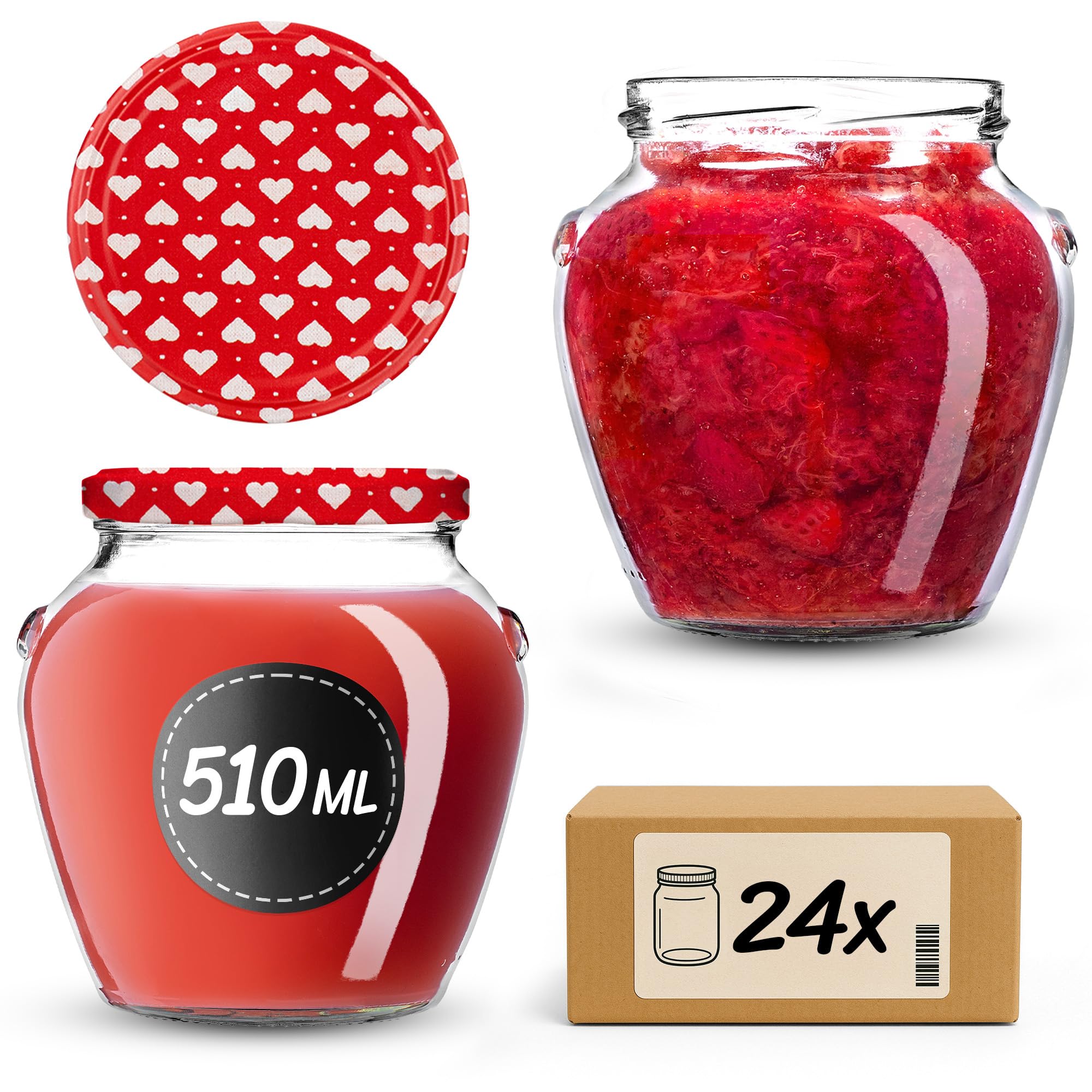 KADAX 24er Set Einmachgläser 510ml TO82 Herz, Sturzgläser Mason Jar mit Schraubdeckel, Luftdichte Twist-off Gläser, Meal Prep, Overnight Oats, Sauerteig