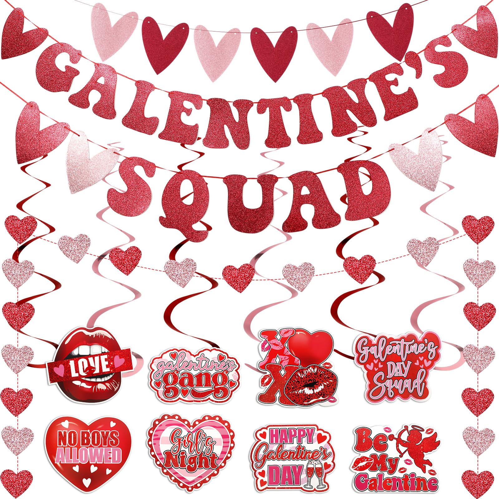 HunnmingRe Galentine's Squad Banner Decoration with Hanging Swirl Girl Lady Happy Galentine's Day Banner Garland Hanging Swirl Happy Valentines Day Party Decoration