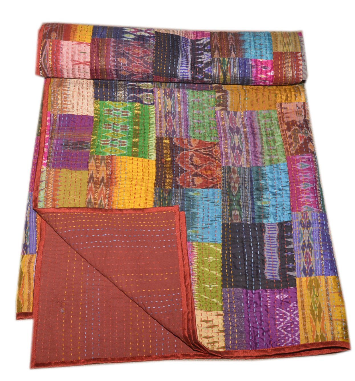 Queen Size Patchwork Silk Kantha Quilt 90X108 Inch Silk Bedcover Indian Silk Patola Quilt Throw Blanket