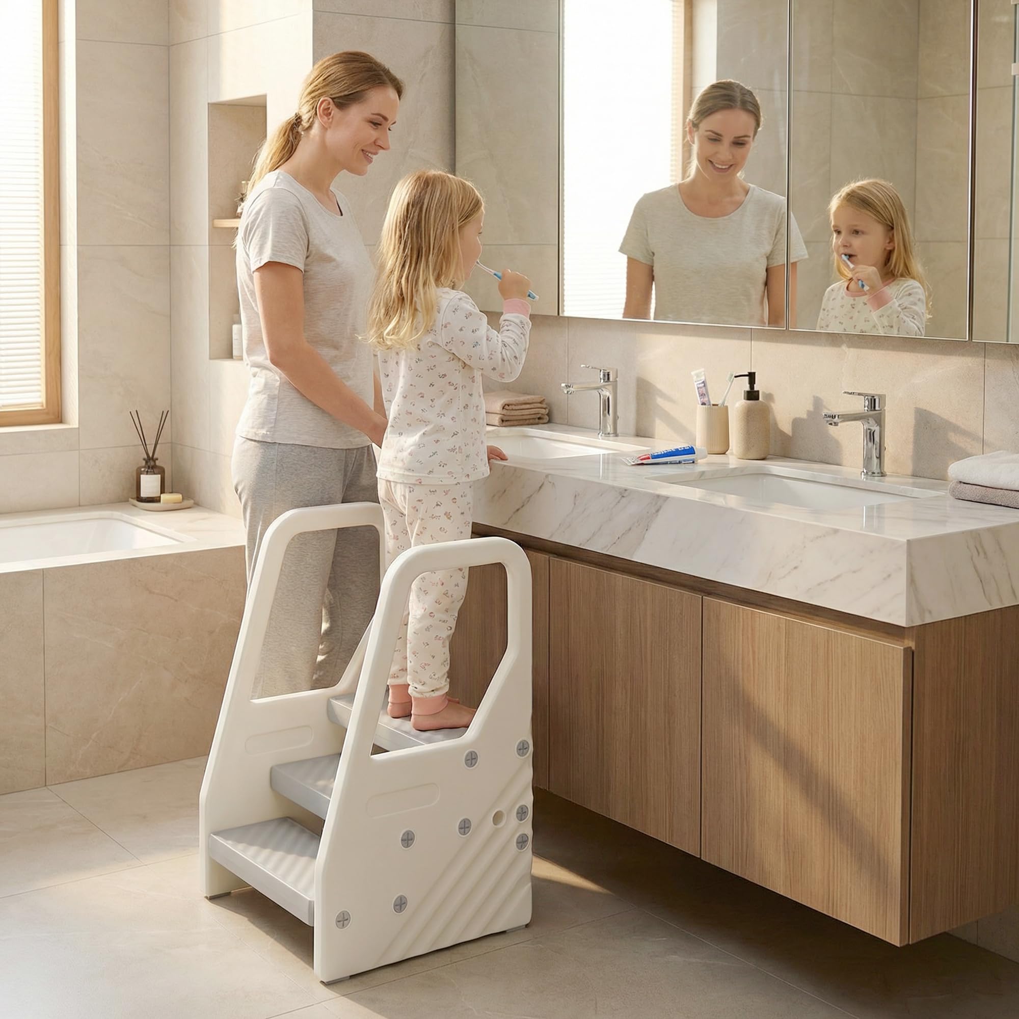 AIYAPLAY Marchepied Enfant, escabeau 3 marches pour Enfants, hauteurs réglables, de 3 à 2 marches, avec poignées, Patins antidérapante, pour Salle de Bain, Cuisine, Toilettes, Gris