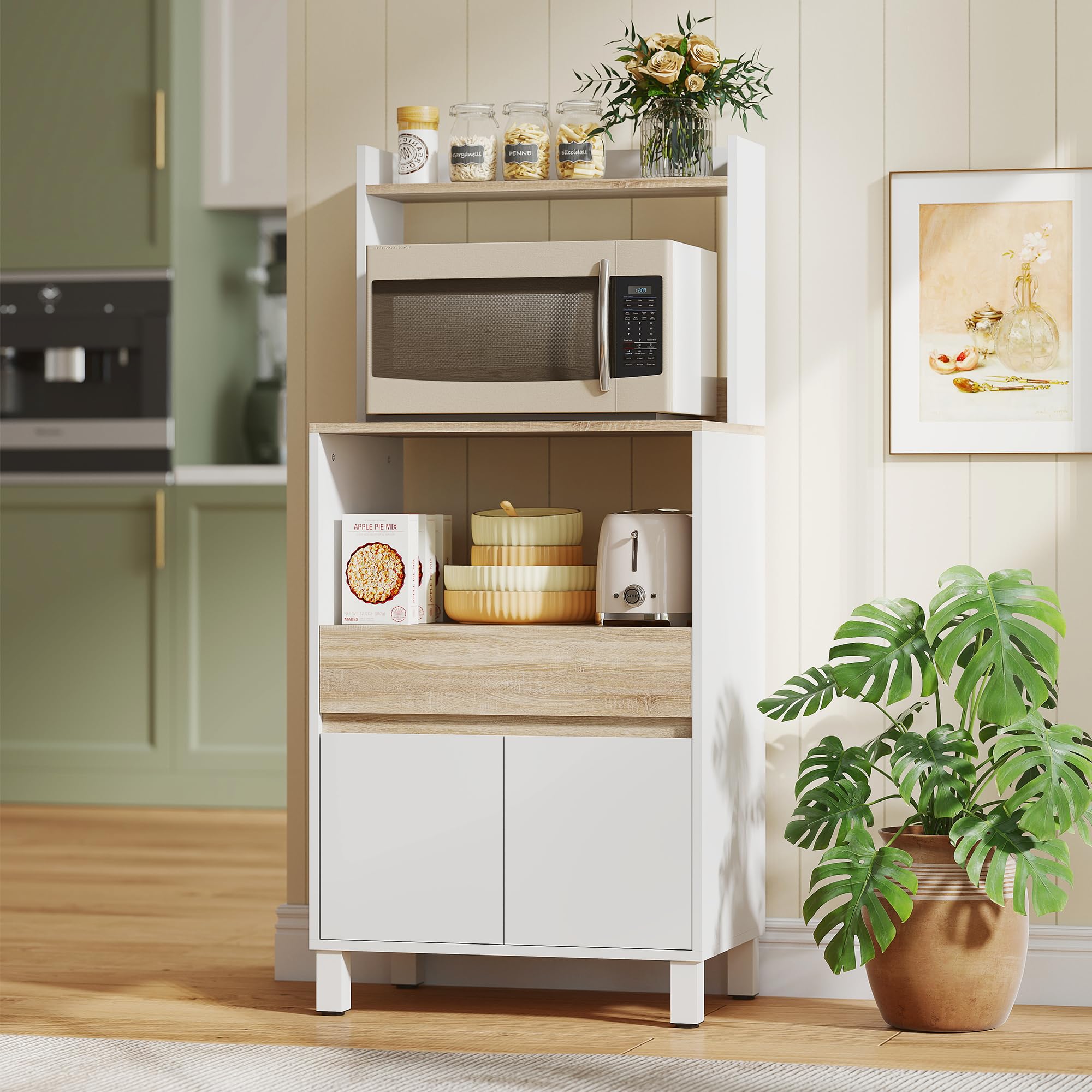 HOMCOM Mobile Microonde con Armadietto a 2 Ante Soft Close, Credenza Cucina Microonde con Cassetto, Piano per Elettrodomestici, Scaffale Superiore, Ripiano Aperto, per Soggiorno, 60x40x131cm, Bianco