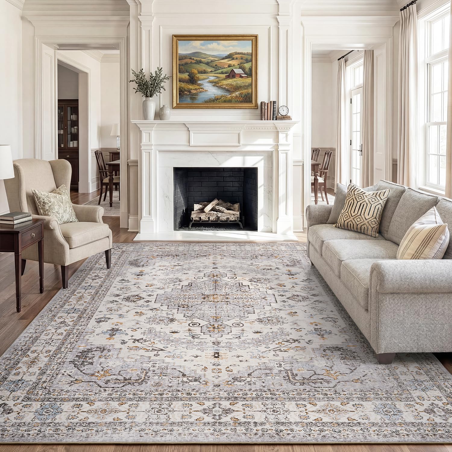 Area Rug 5x7 Large Carpet Vintage Traditional Grey & Blue