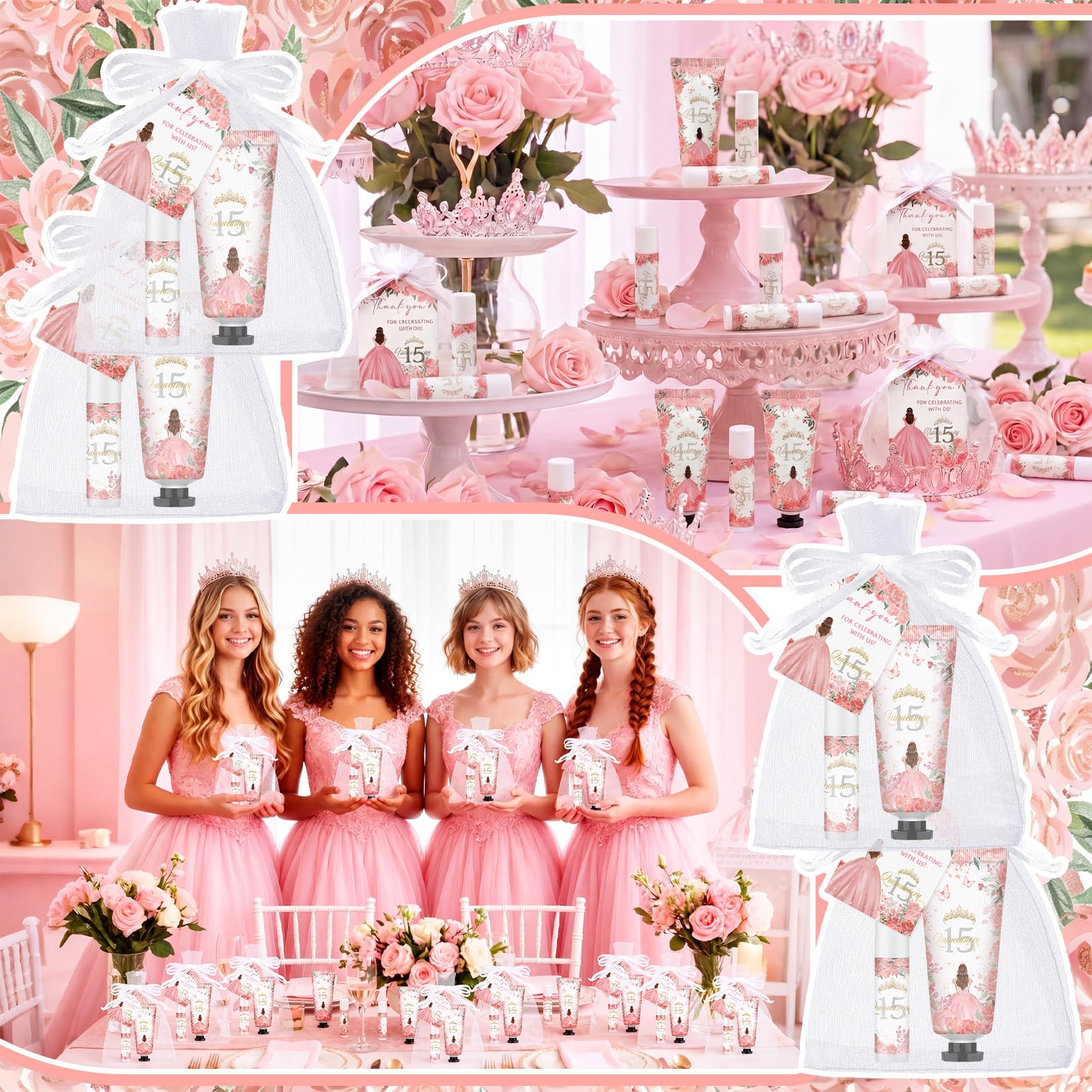 Leelosp 25 Set/100 Pcs Quinceanera Party Favor for Guest with Travel Size Hand Cream, Lip Balm, Card, Organza Bags Quinceanera Gift Set Sweet 15th Party Supply Birthday Souvenir (Pink)