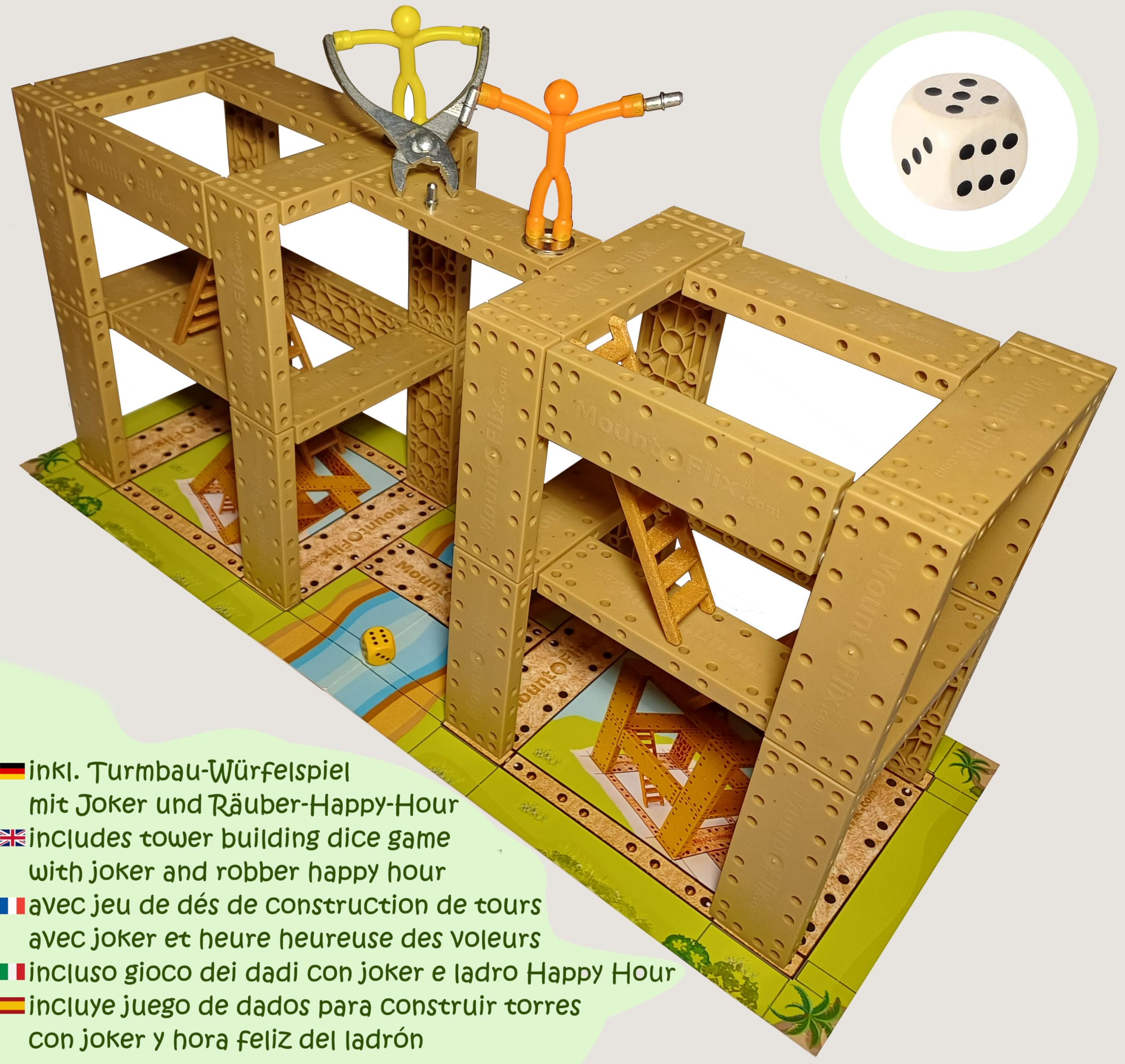 Basis-Set kreatives Kinderspielzeug aus vorwiegend Recycling-Kunstkork, Konstruktions-Baukasten mit 160 steckbaren flexiblen Bausteinen inkl. brettspielartigen Turmbau-Würfelspiel