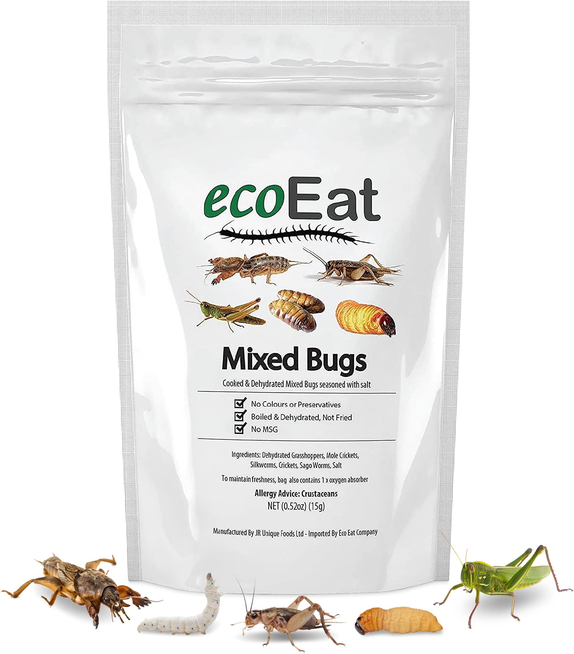 ecoEat Mixed Edible Insects - Edible Bugs Edible Dehydrated not Fried - Mixed Bugs (Dehydrated Grasshoppers, Mole Crickets, Silkworms, Crickets, Sago Worms)