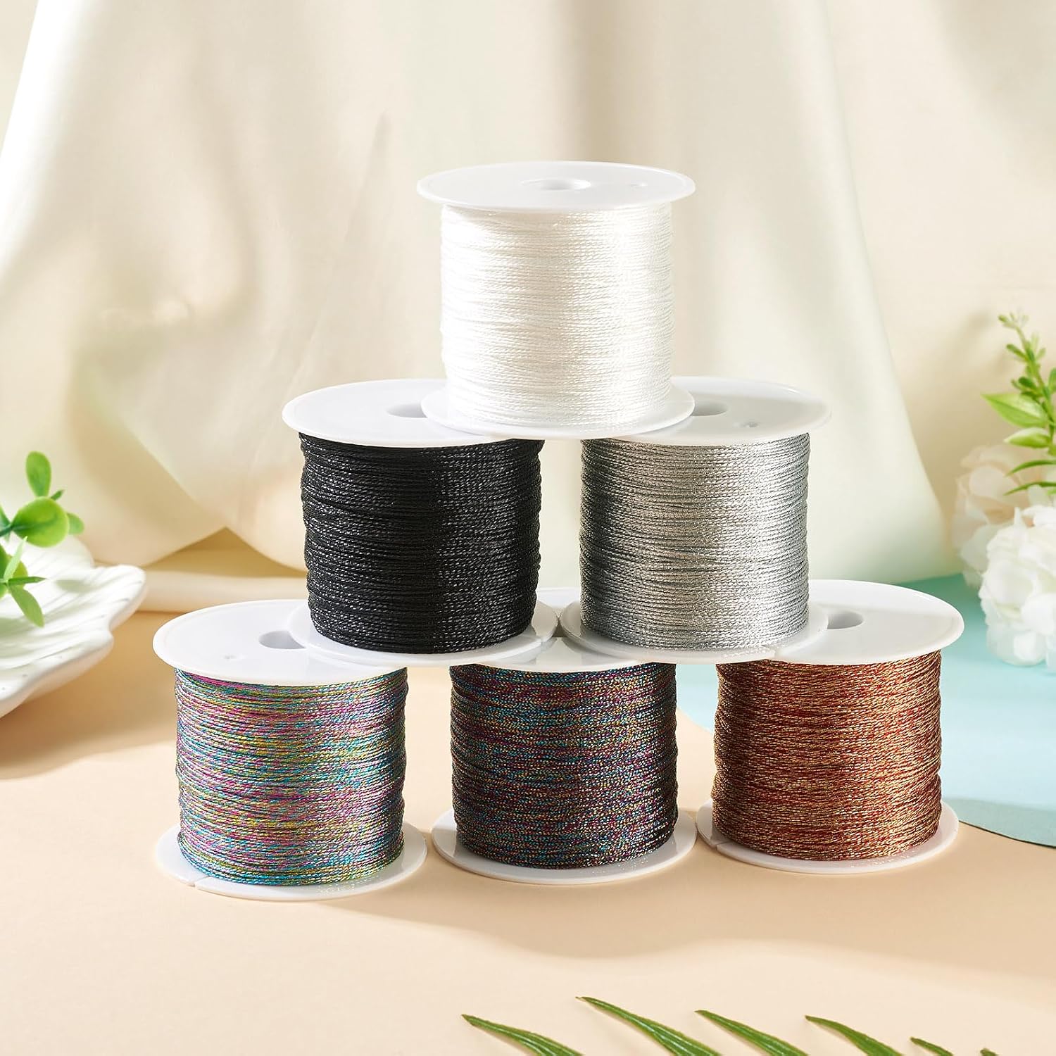 Beadthoven 6 Rolls Metallic Cord Twine 0.4mm Tinsel String Metallic Thread 6-Ply Rainbow Braided Beading Cord Twine Rope for Christmas Ornaments Bracelet Jewelry Making Gift Wrapping Black White image 5