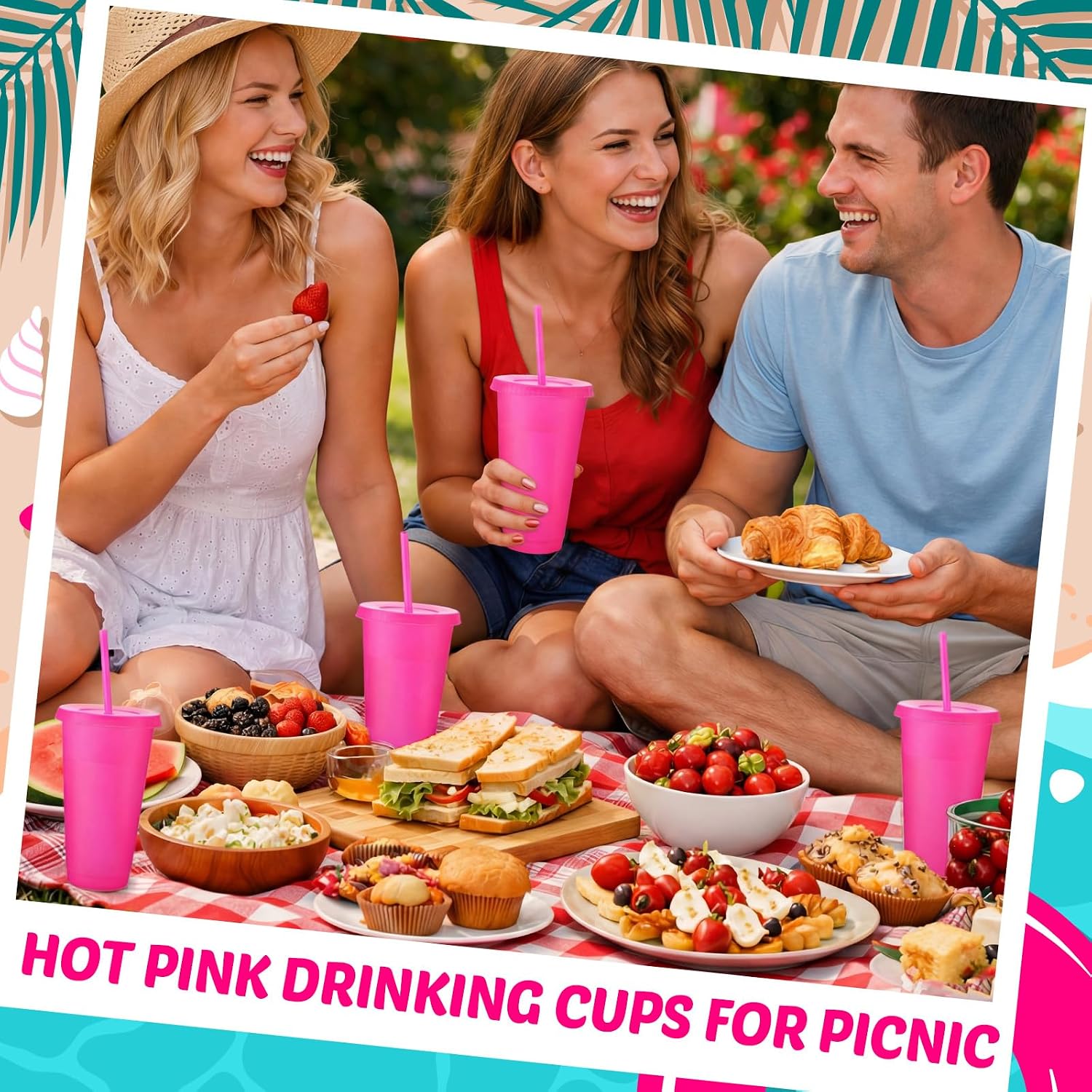 Honeydak 60 Pack Plastic Cups with Lids Straws,Rose Red Color | Bulk Cups for Gifts, Reusable, 24-27 oz, Party Favor Cups, Water Bottles for Drinking Iced Coffee Travel Birthdays Holiday
