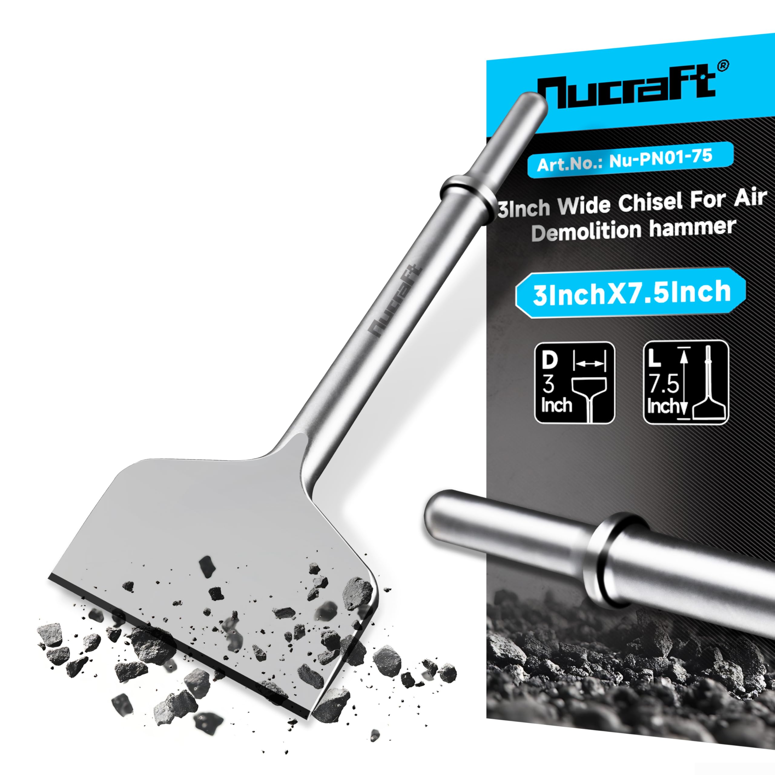 Nucraft Burin pneumatique de 7,6 cm de large avec tige de 0,1 cm de large, burin à air pour carrelage et détartrage fin, grattoir mural et sol, carrelage