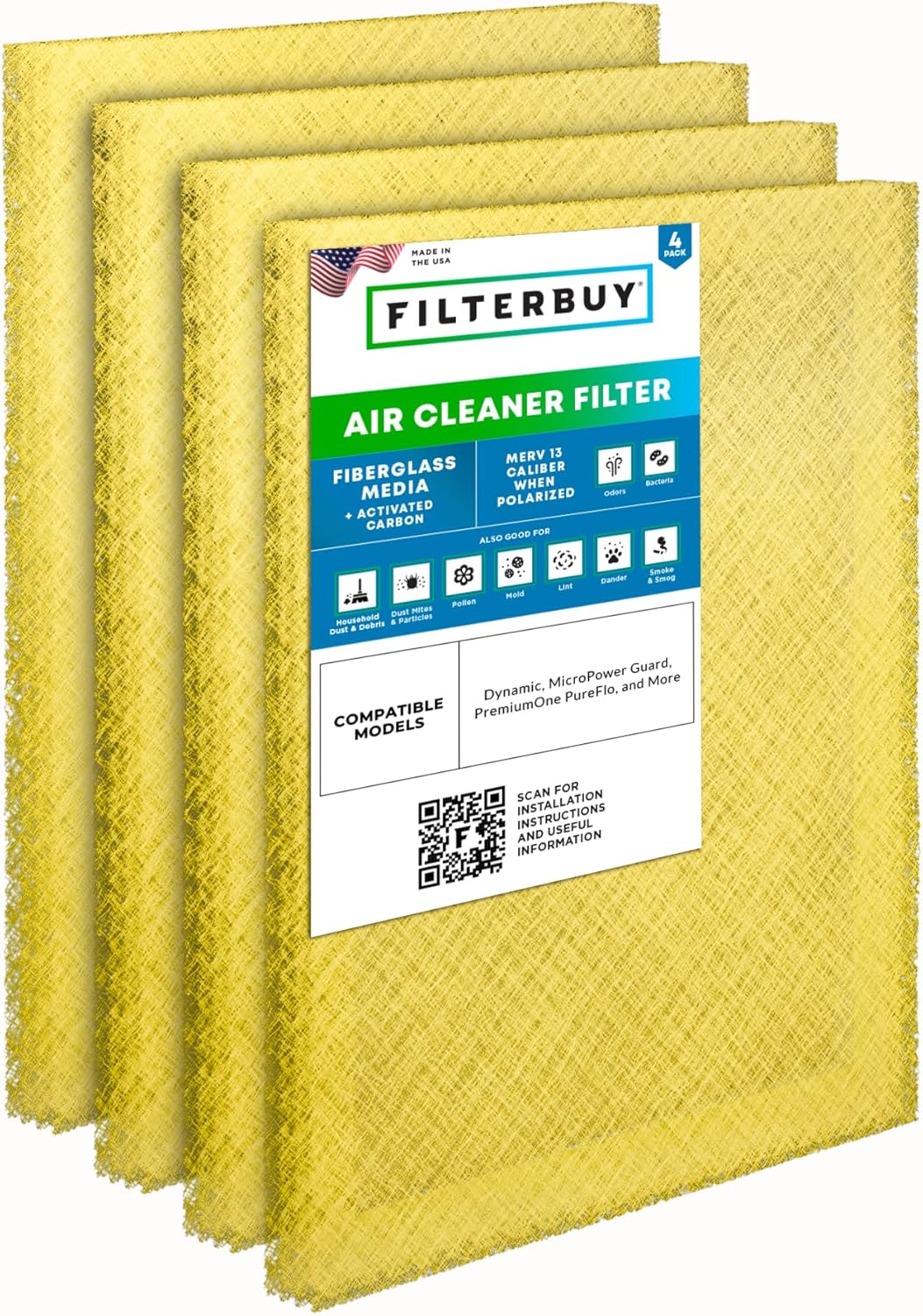 Filterbuy 24x25 MERV 13 Air Filter Replacement Pads with Activated Carbon - Fits Dynamic, Micropower Guard, PureFlo P6100 (4-Pack)