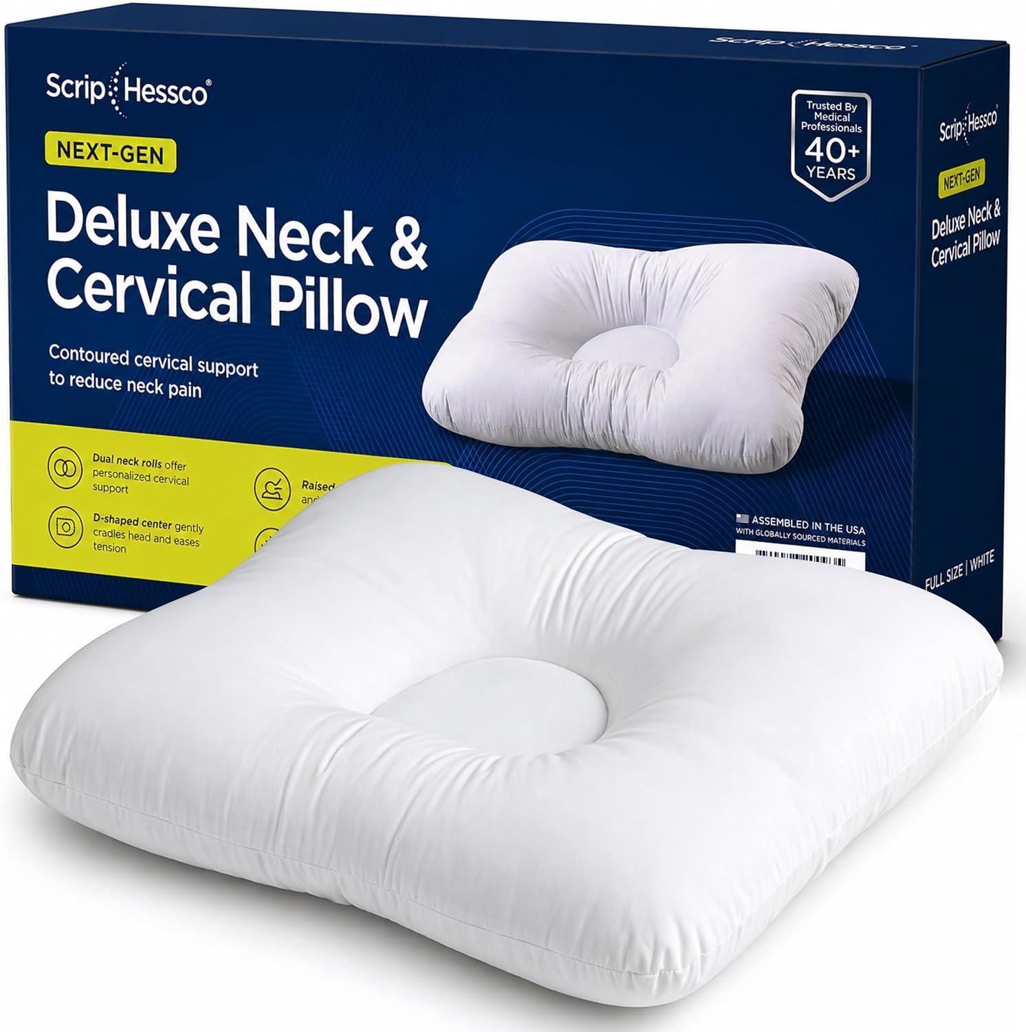 Next-GEN Deluxe Neck & Cervical Pillow – Fiber Fill Orthopedic D-Shaped Contour for Neck Pain Relief – Dual Cervical Roll for Back & Side Sleepers – Latex Free – Full Size 24"x16" White