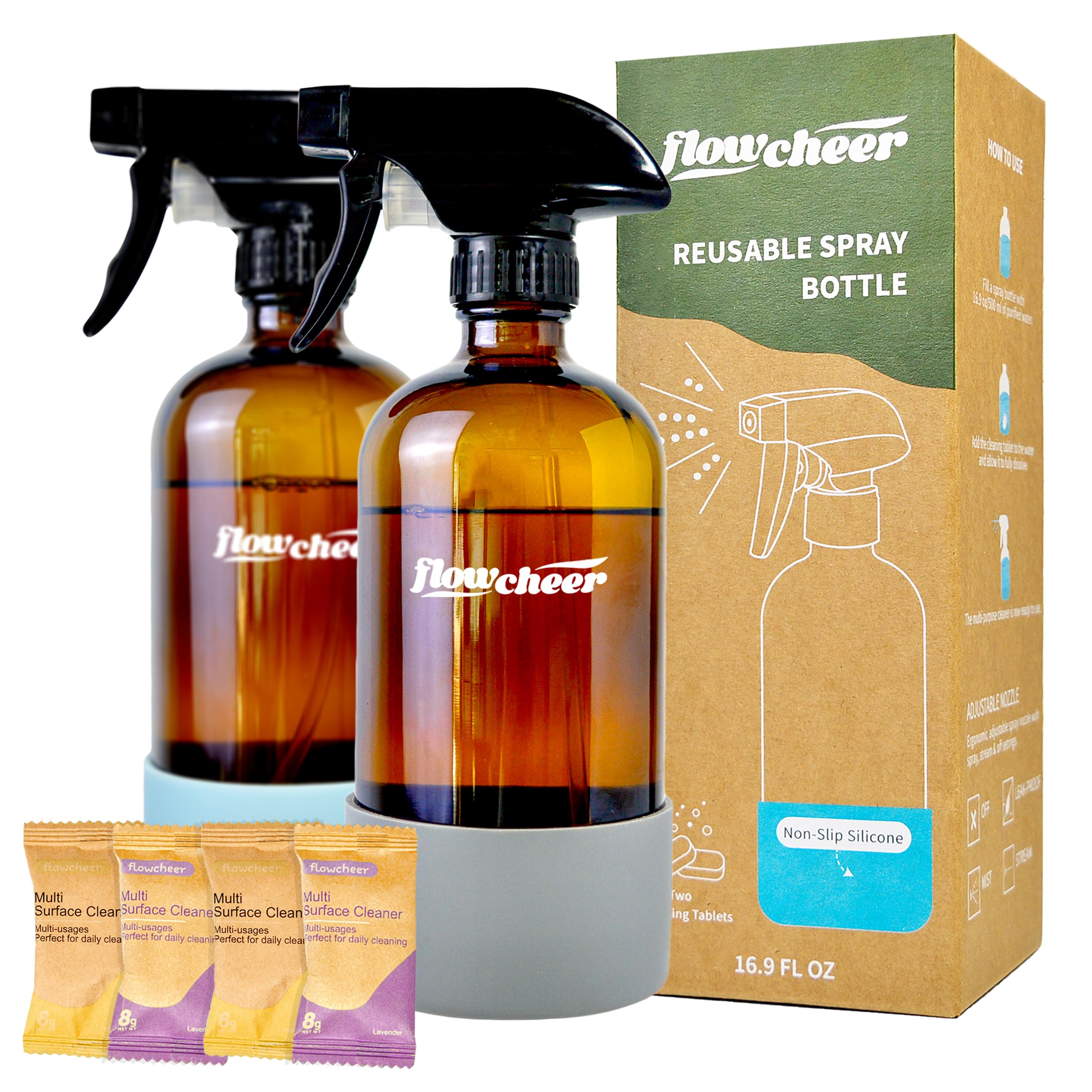flowcheer Multi-Surface Cleaner Kits-2 Pack Reusable Spray Bottles & 4 Pack All Purpose Cleaner Refills Tablet, 4 x 16.9 Fl oz Bottles of Spray