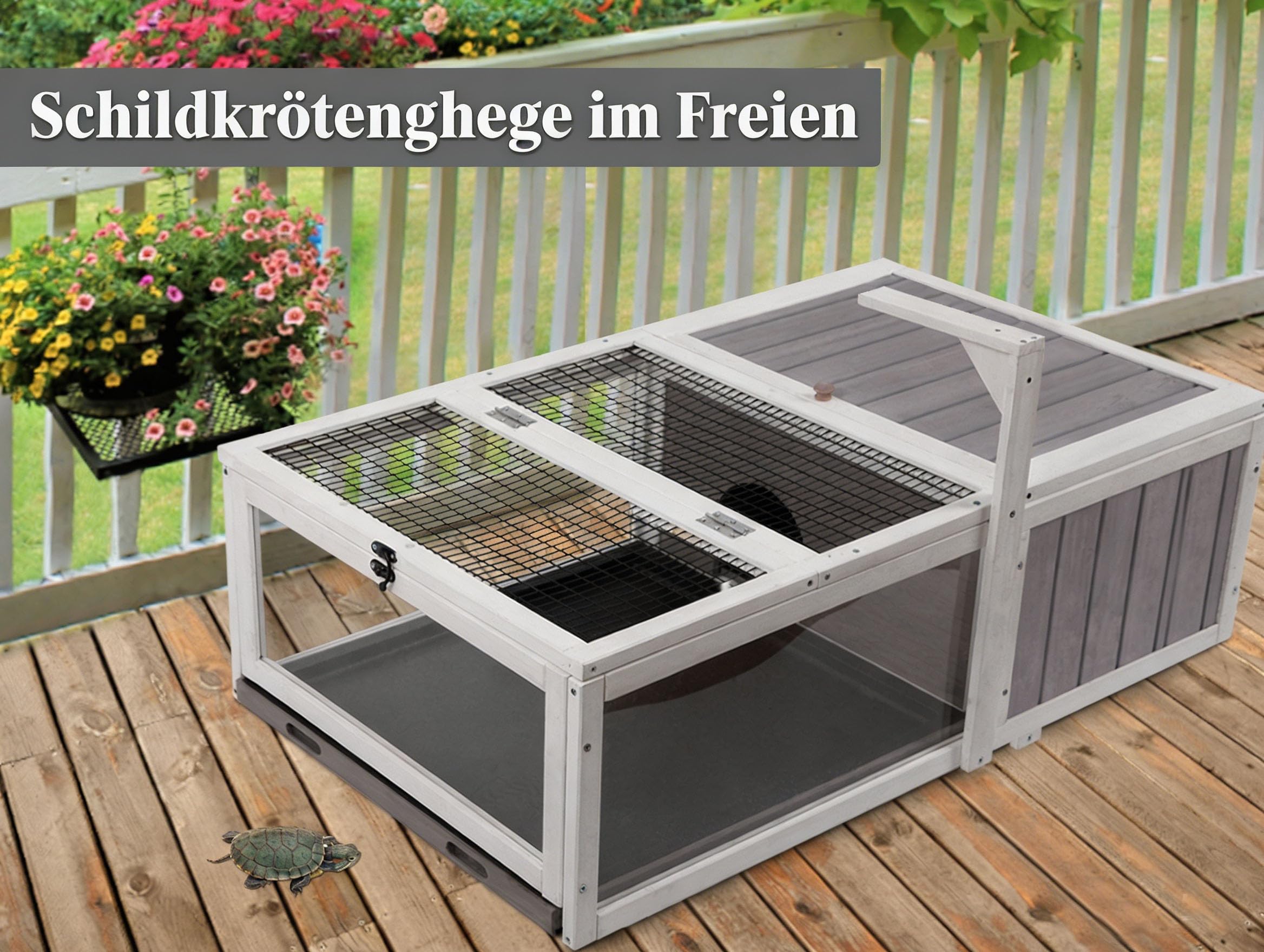 HiCaptain Schildkrötengehege Draussen mit Boden - Frühbeet Schildkröten Holz - Facile à Installer - 91cm x 61cm x 31cm