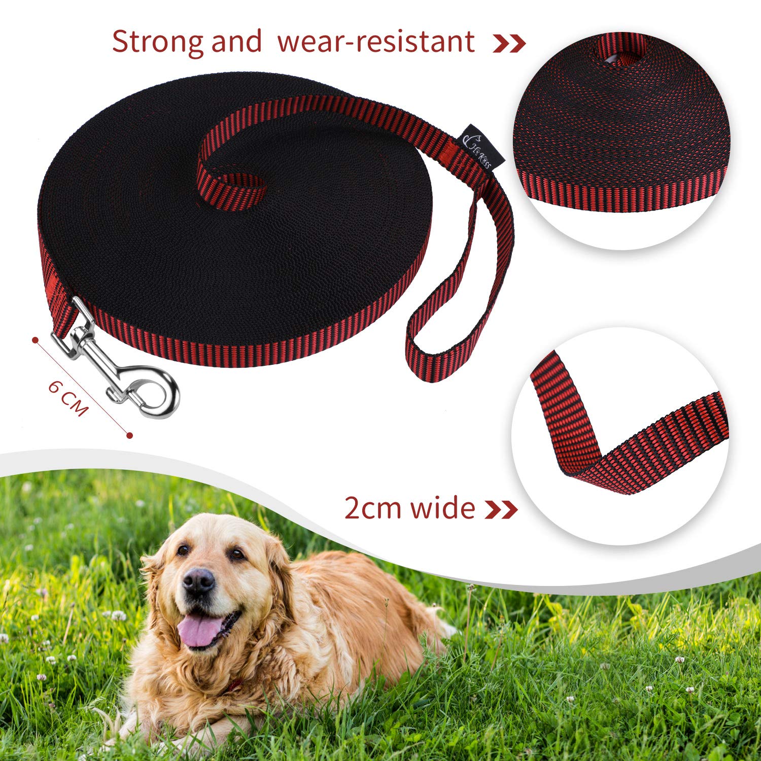 Hi Kiss - Correa de adiestramiento en obediencia, llamada y agilidad para perros y cachorros, 4,5, 6, 9, 15 y 30 metros, ideal para adiestrar, jugar, acampar o jardín (6 m, negro, rojo)