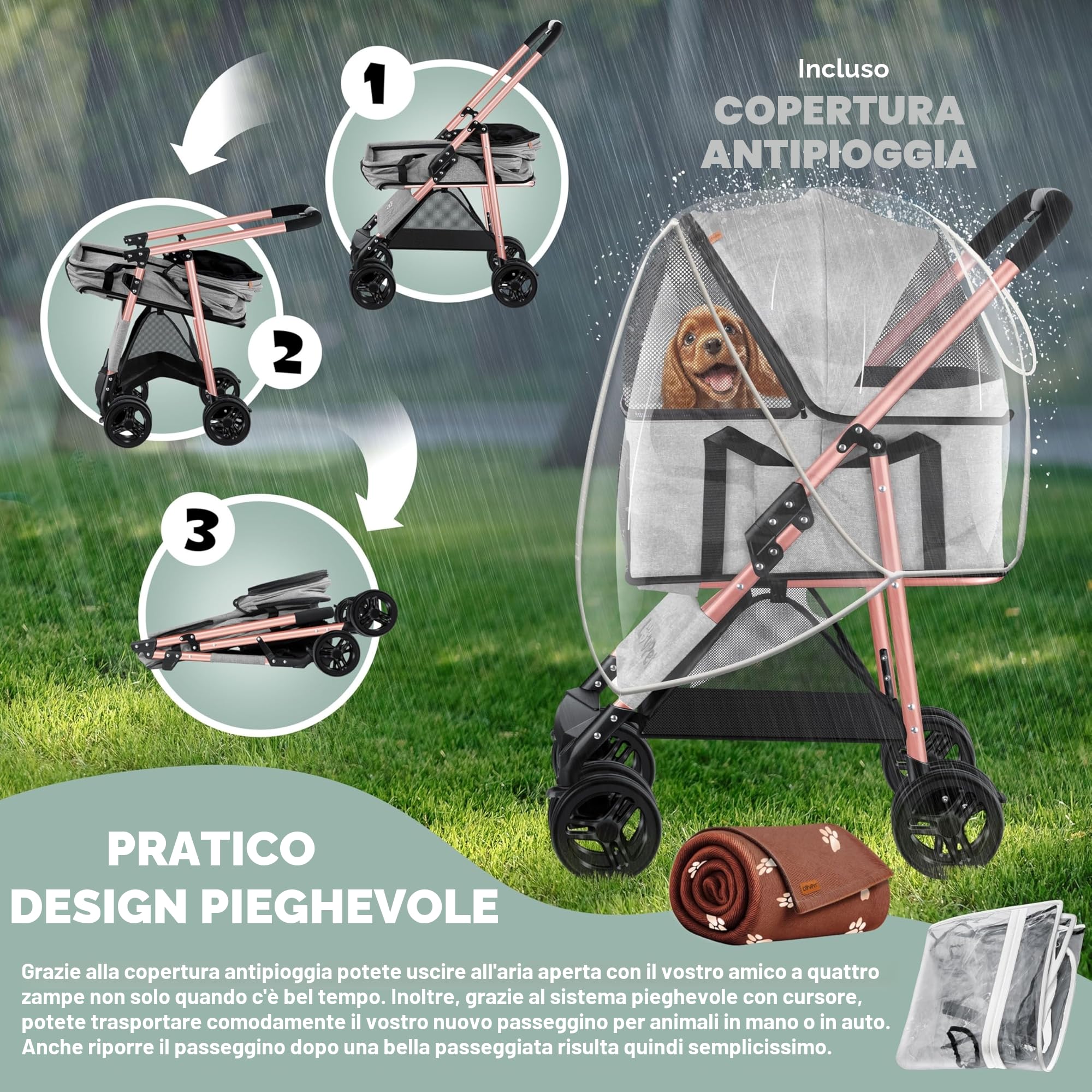 LOVPET® Passeggino per cani 2in1 - box per trasporto cani - borsa da trasporto per cani pieghevole fino a 20 kg - carrello per animali con finestre a rete e parapioggia I grigio chiaro