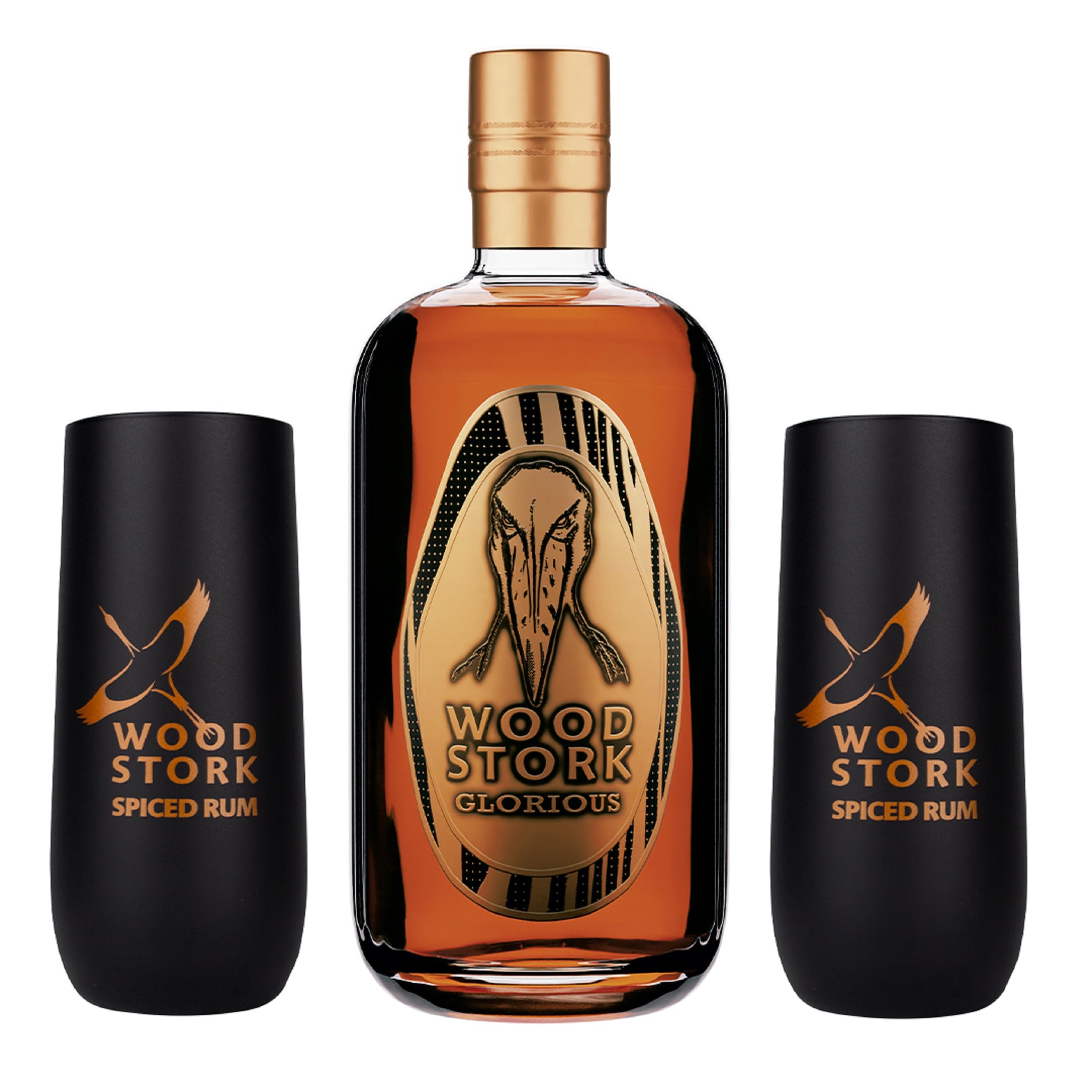 Wood Stork Spiced Rum Glorious | Exotischer Genuss mit feinsten Gewürznoten | 43% Vol. 0,5 Liter incl. 2 Stück Wood Stork Glas Kupfer
