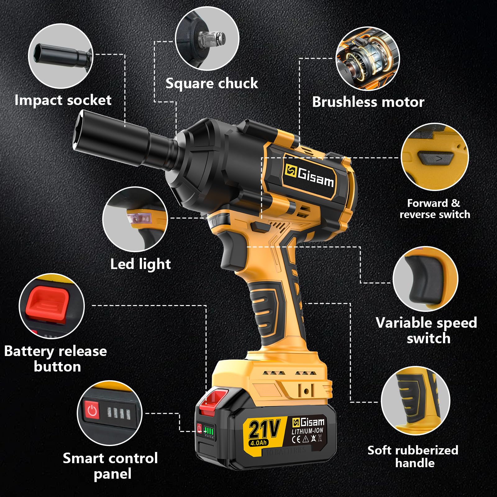 Gisam 650 Nm accu-slagschroevendraaier, 1/2 inch multifunctionele accuboor & elektrische schroevendraaier met 2 x 4Ah accu's en steeksleutelset, 18-delig, 3-in-1 gereedschapsset voor het verwisselen