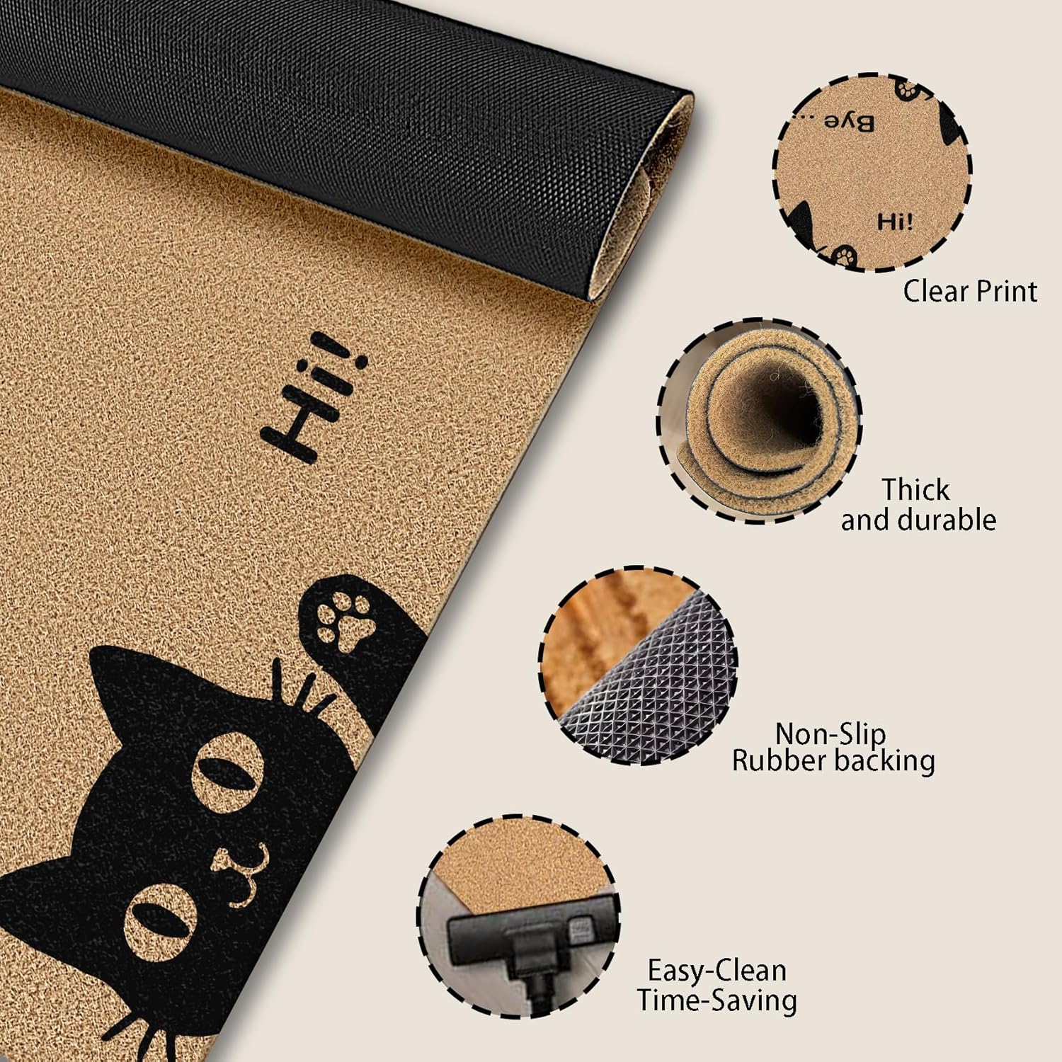 Cat Welcome Mat, Hi-Bye Cat Coco Coir Doormat Door Welcome Mat for Home Entrance Front Door, Cute Black Cats Floor Mats for Outdoor Outside Entryway 30x17 Inch