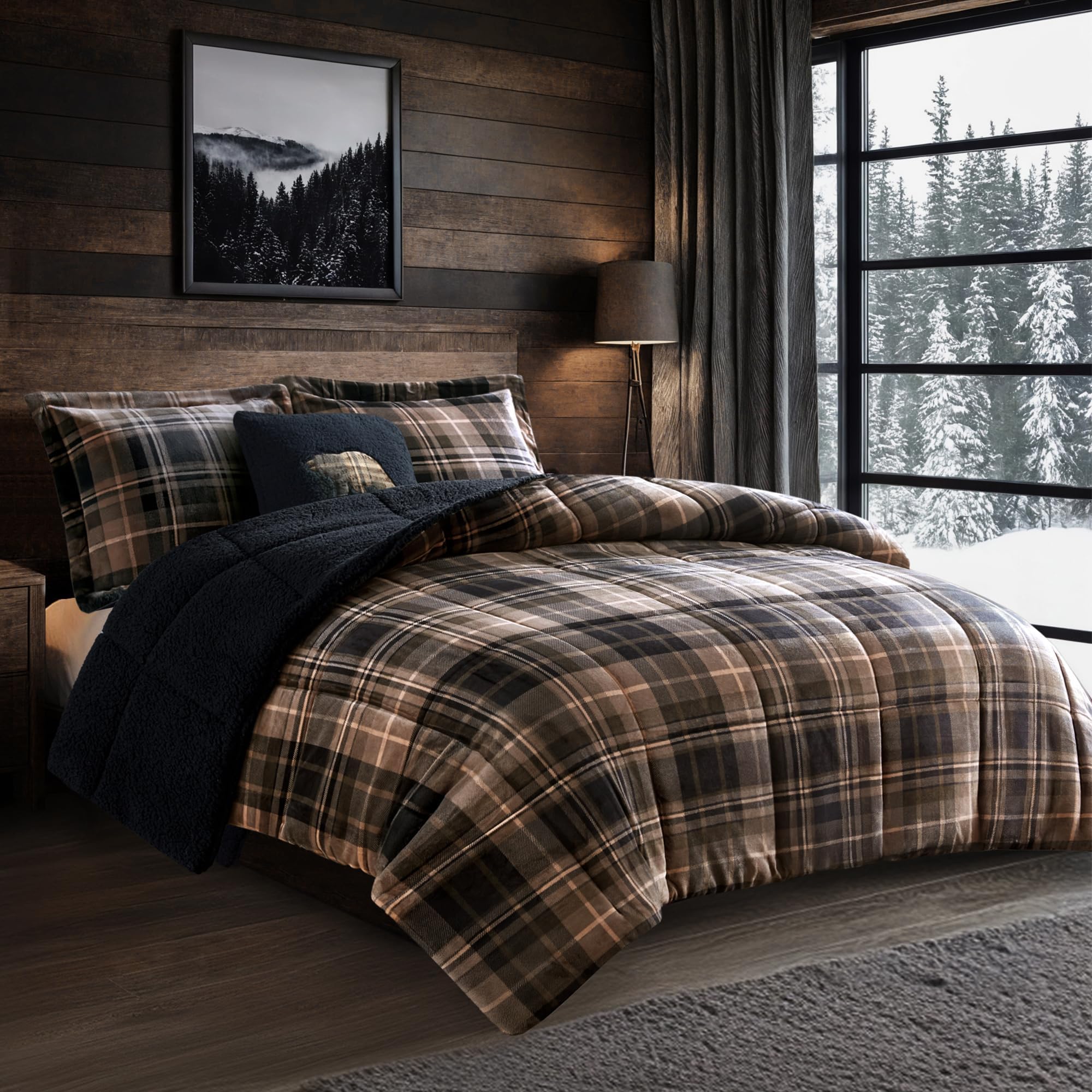 Woolrich Reversible Comforter Set Ultra Soft Plush to Sherpa, Down Alternative, Cold Weather Winter Warm Bedding, with Matching Sham, Decorative Pillow Brown/Black King 4 PieceOEKO-TEX STANDARD 100
