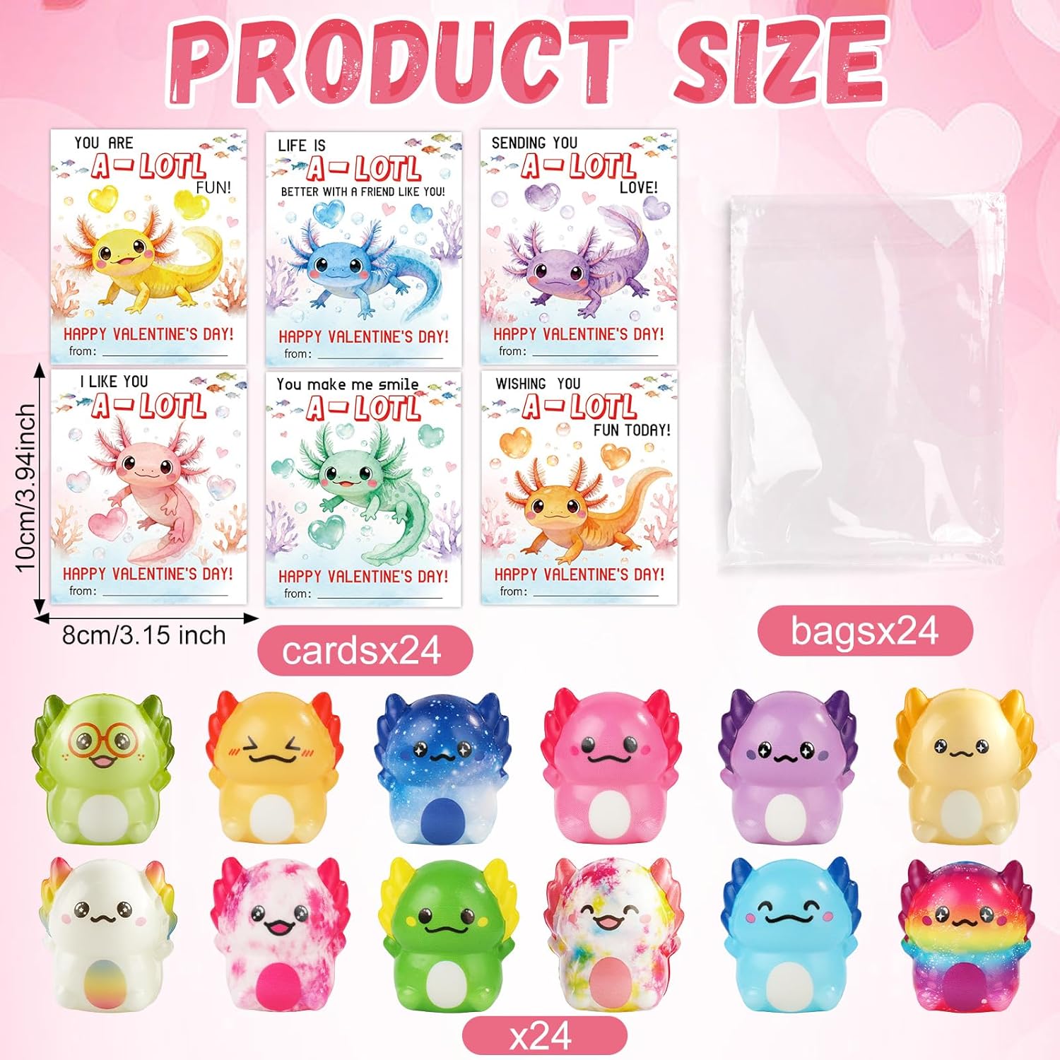 24Set Valentines Day Gifts Exchange Party Favor Axolotl Shaped Stress Relax Gift Axolotls Valentines Greeting Cards for Rewards Party Supplies