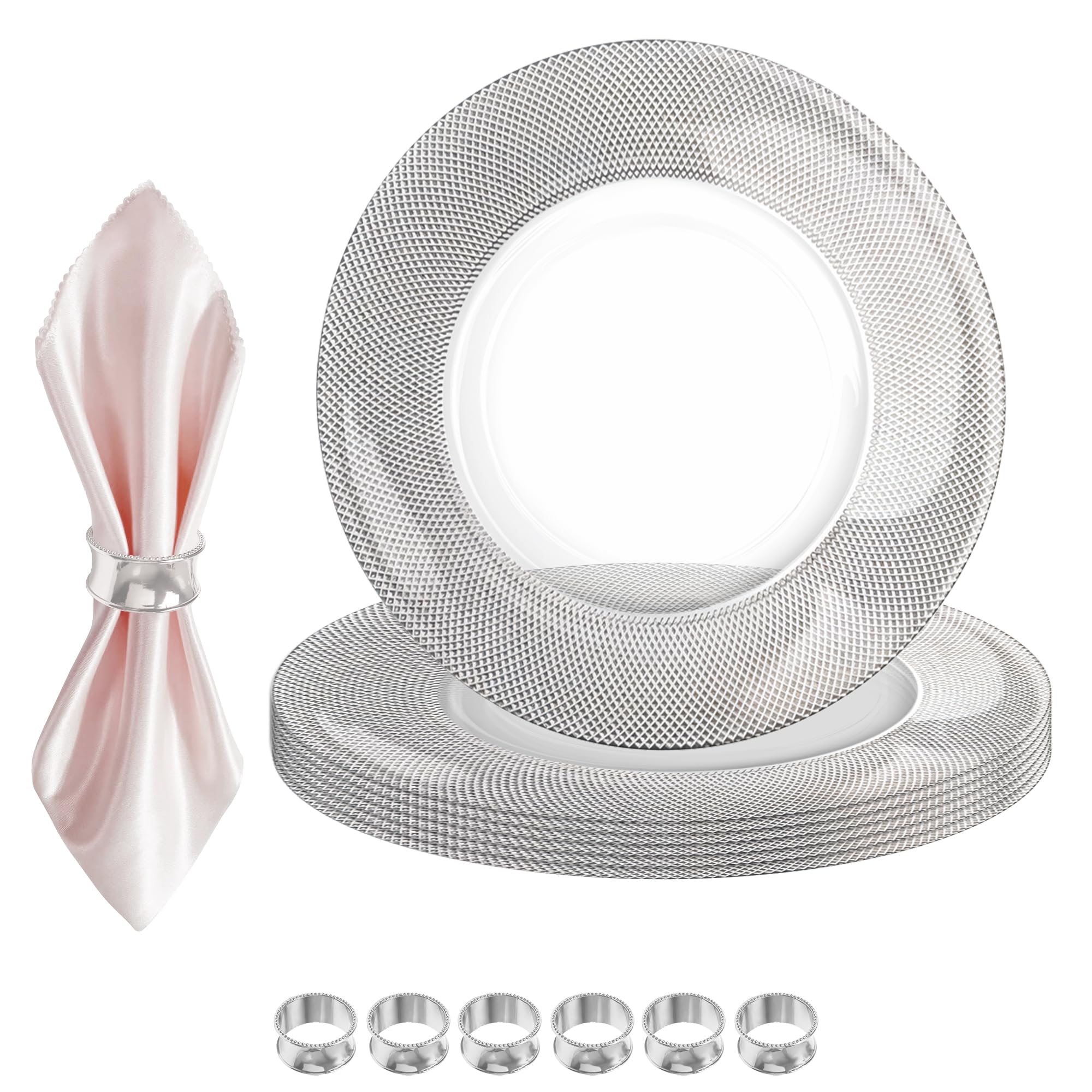 Elegantes platos de cristal plateado con 12 servilleteros martillados – 33 cm diseño a cuadros para servir bodas, fiestas, cumpleaños, eventos y decoración de mesa, juego de 6